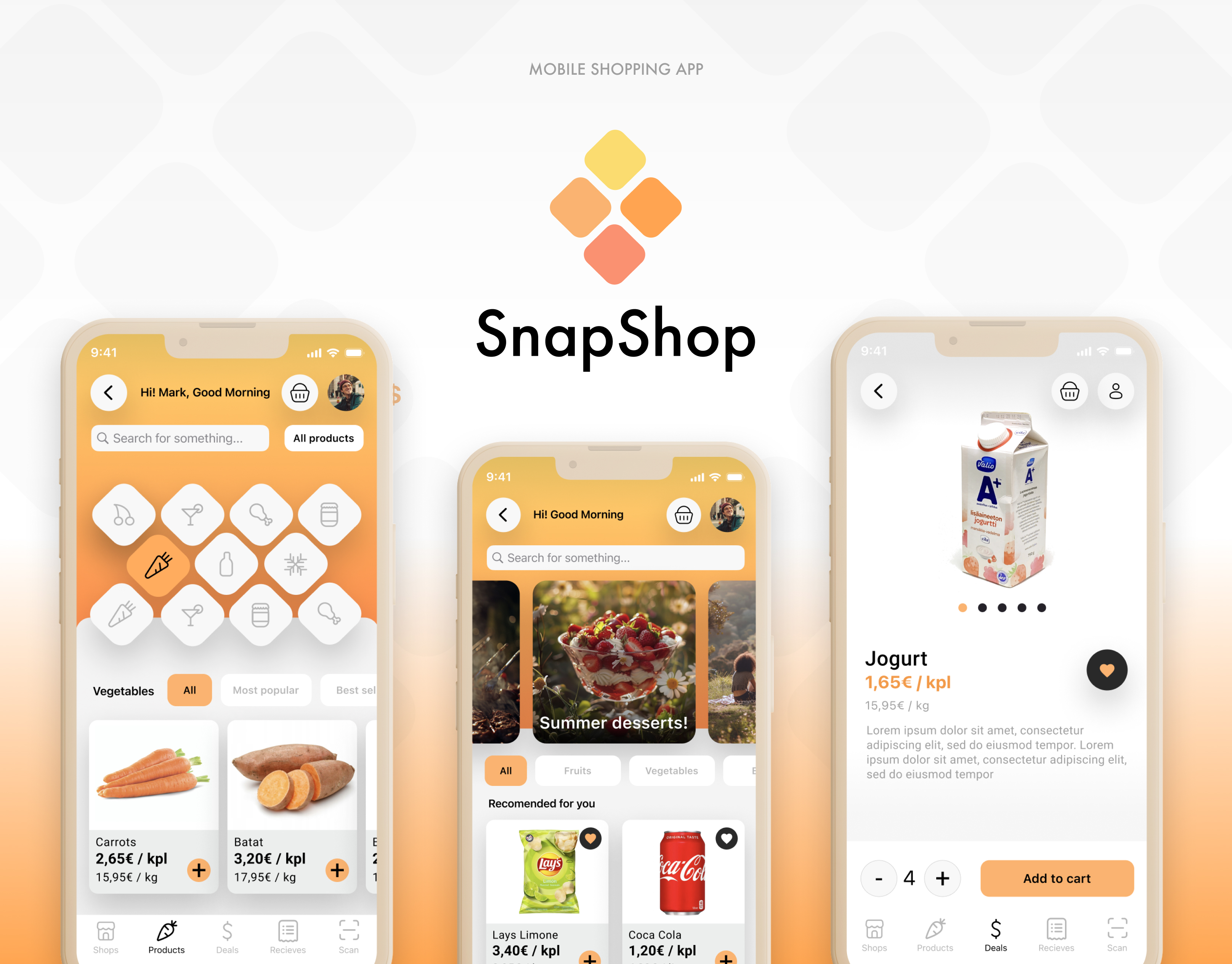 Three smartphone screens displaying SnapShop mobile shopping app with product categories, recommended items, and a yogurt product page.