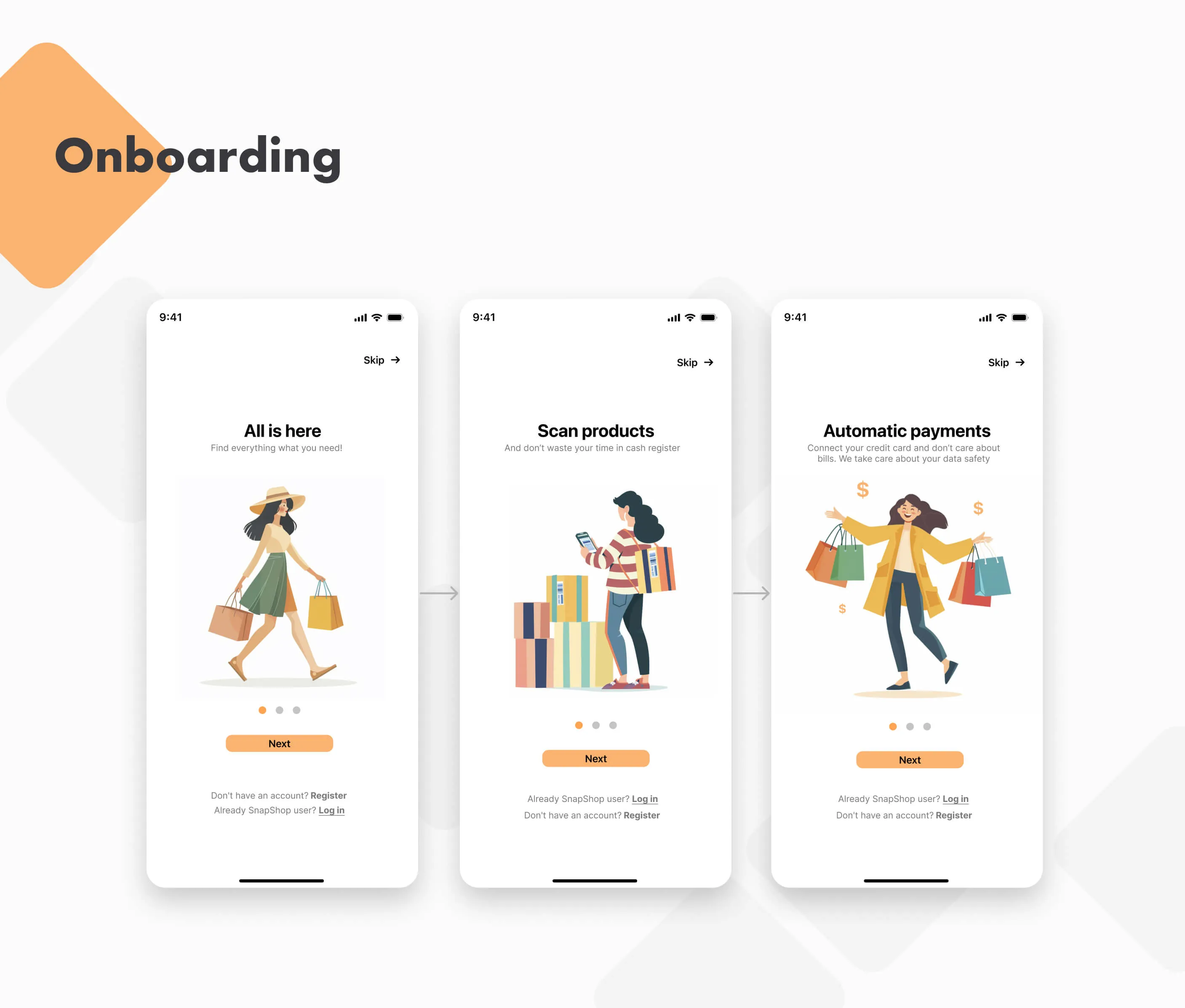 Mobile app onboarding screens showing shopping features: a woman carrying shopping bags, scanning products by a stack of boxes, and a woman with multiple shopping bags indicating automatic payments.