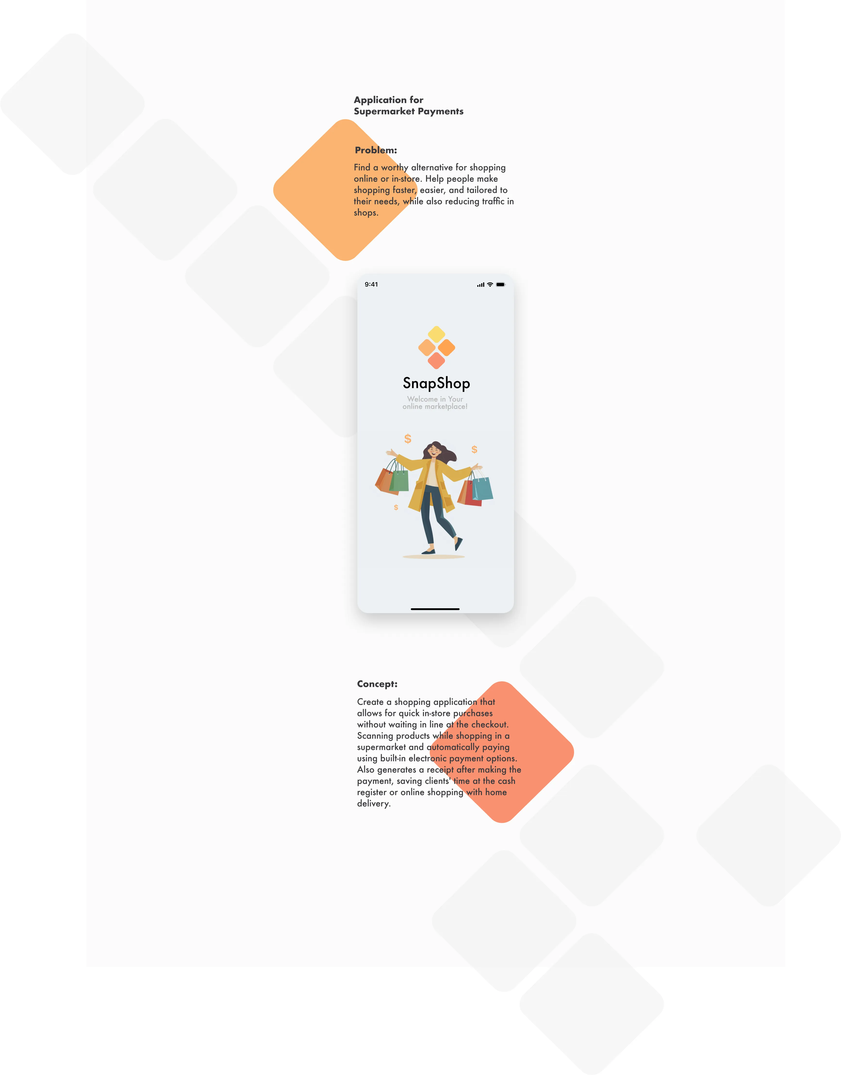 Smartphone screen showing SnapShop app welcome page with a woman holding shopping bags and dollar signs around her.