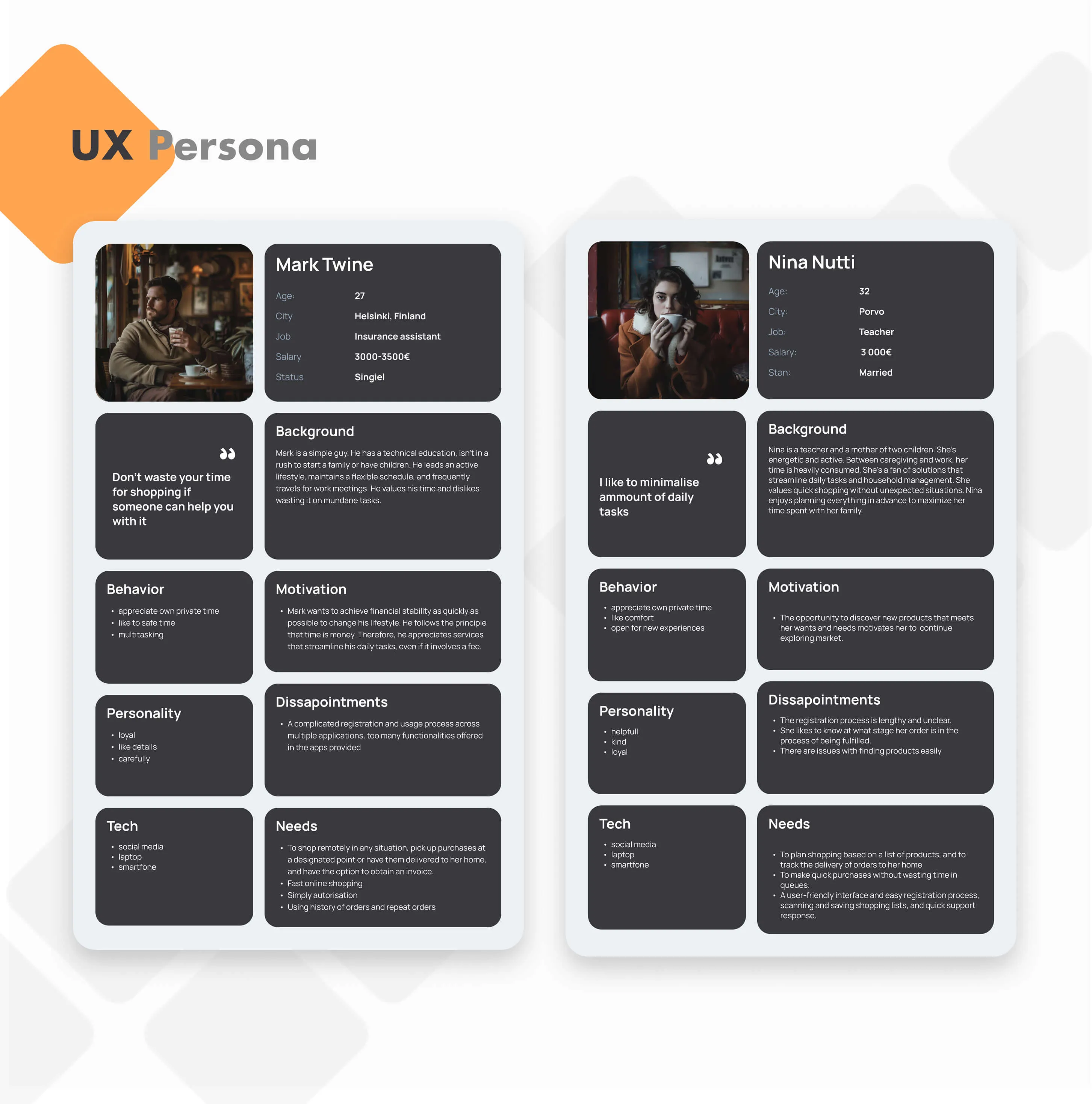 UX persona comparison showing profiles of Mark Twine, a 27-year-old insurance assistant from Helsinki, and Nina Nutti, a 32-year-old teacher from Porvo, with their behaviors, motivations, tech use, and needs.