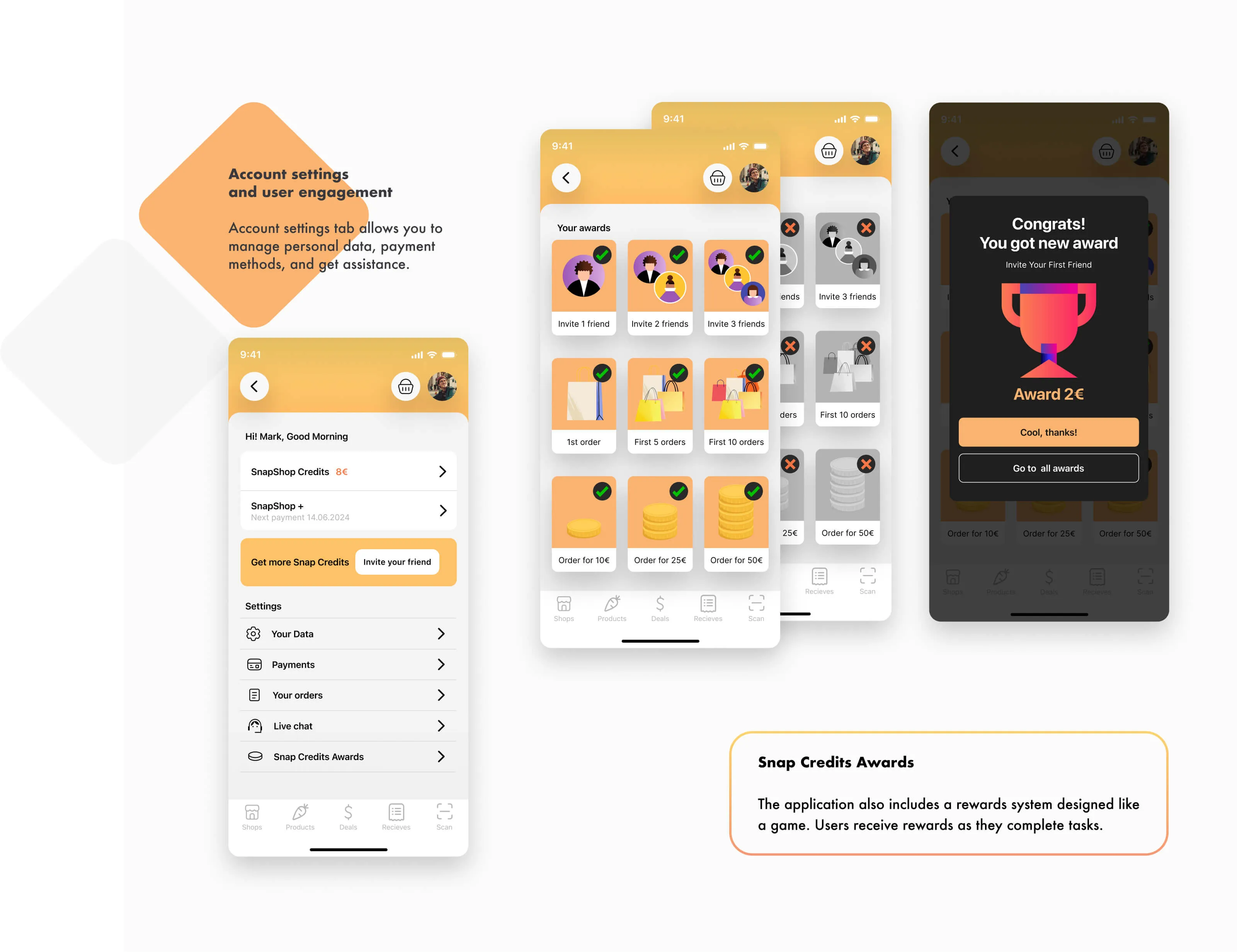 Mobile app screens showing account settings and a snap credits rewards system with tasks like inviting friends and placing orders to earn awards.