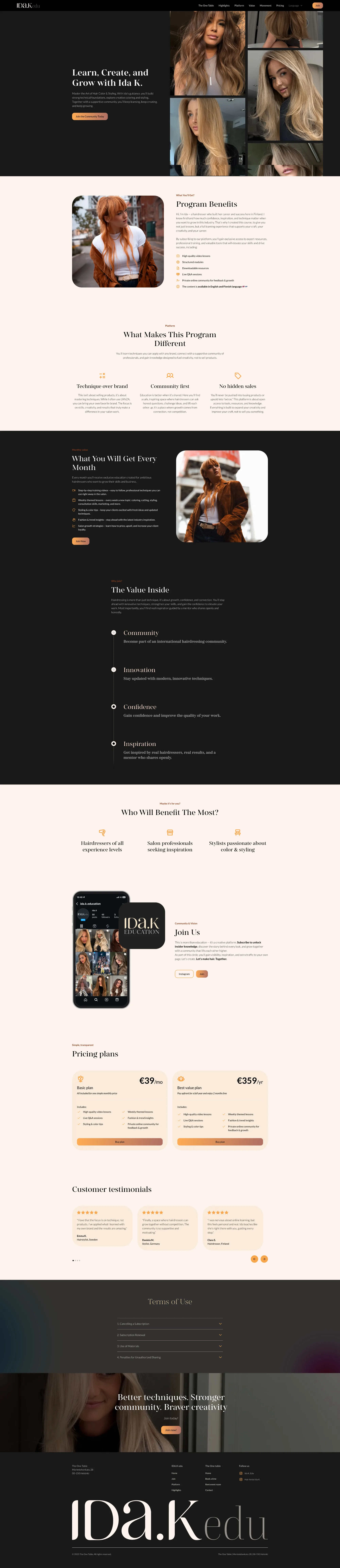 Website page for Ida K Education showcasing hair styling program details, benefits, pricing plans, testimonials, and program highlights with images of women with styled hair and a mobile app interface.