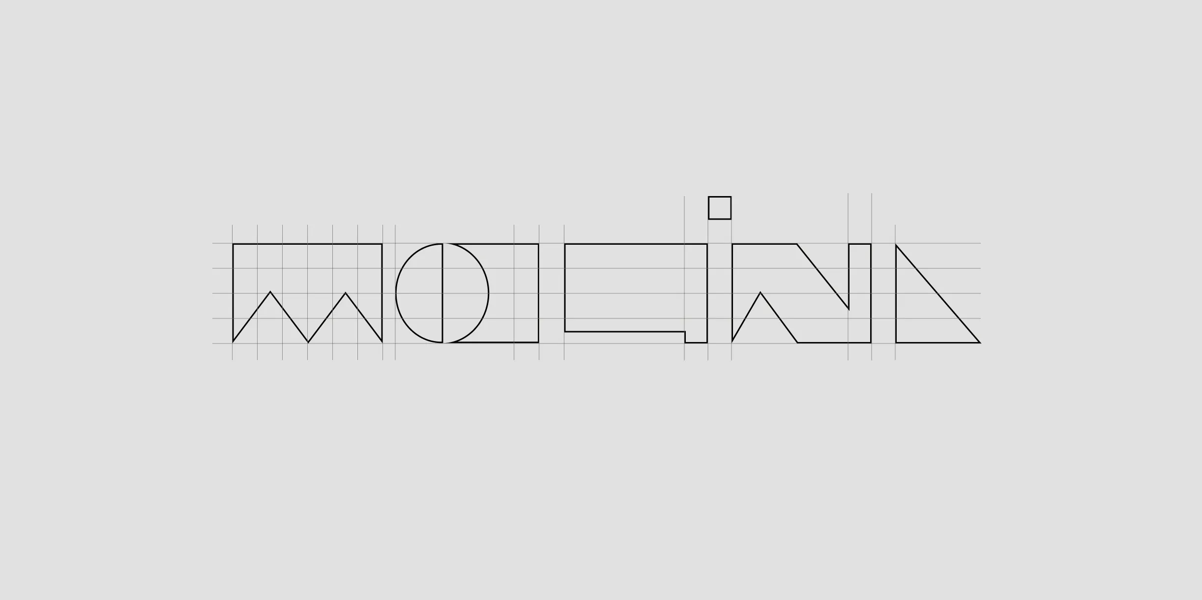 A geometric wireframe design representing stylized block letters with grid lines on a light gray background.