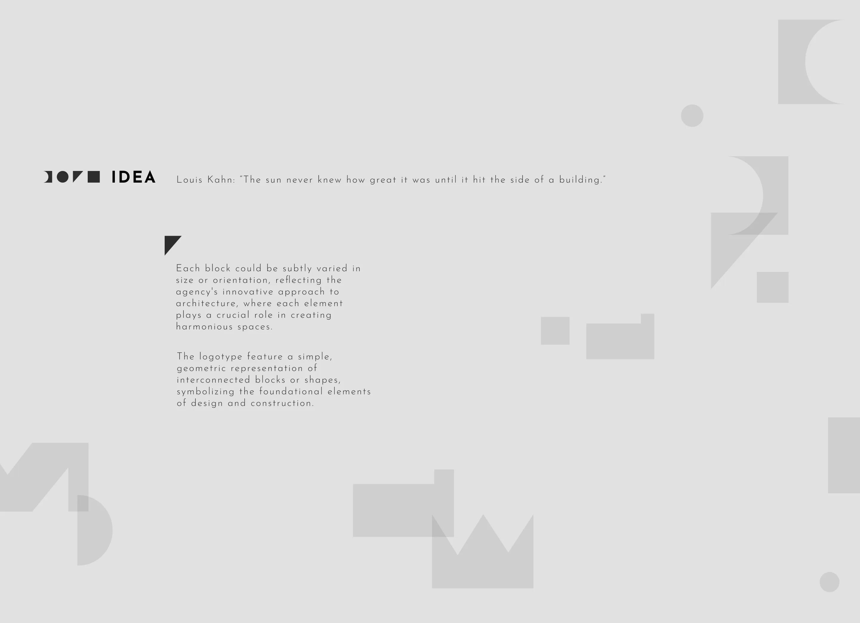 Text explaining the IDEA logo concept with a Louis Kahn quote and geometric shapes on a light background.
