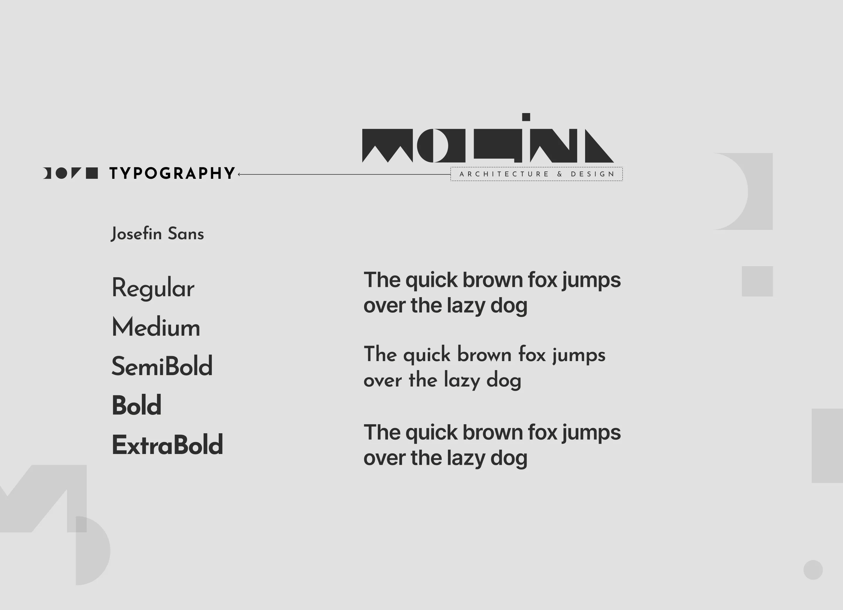 Typography sample showing 'Josefin Sans' font in Regular, Medium, SemiBold, Bold, and ExtraBold weights with the sentence 'The quick brown fox jumps over the lazy dog' in corresponding styles.