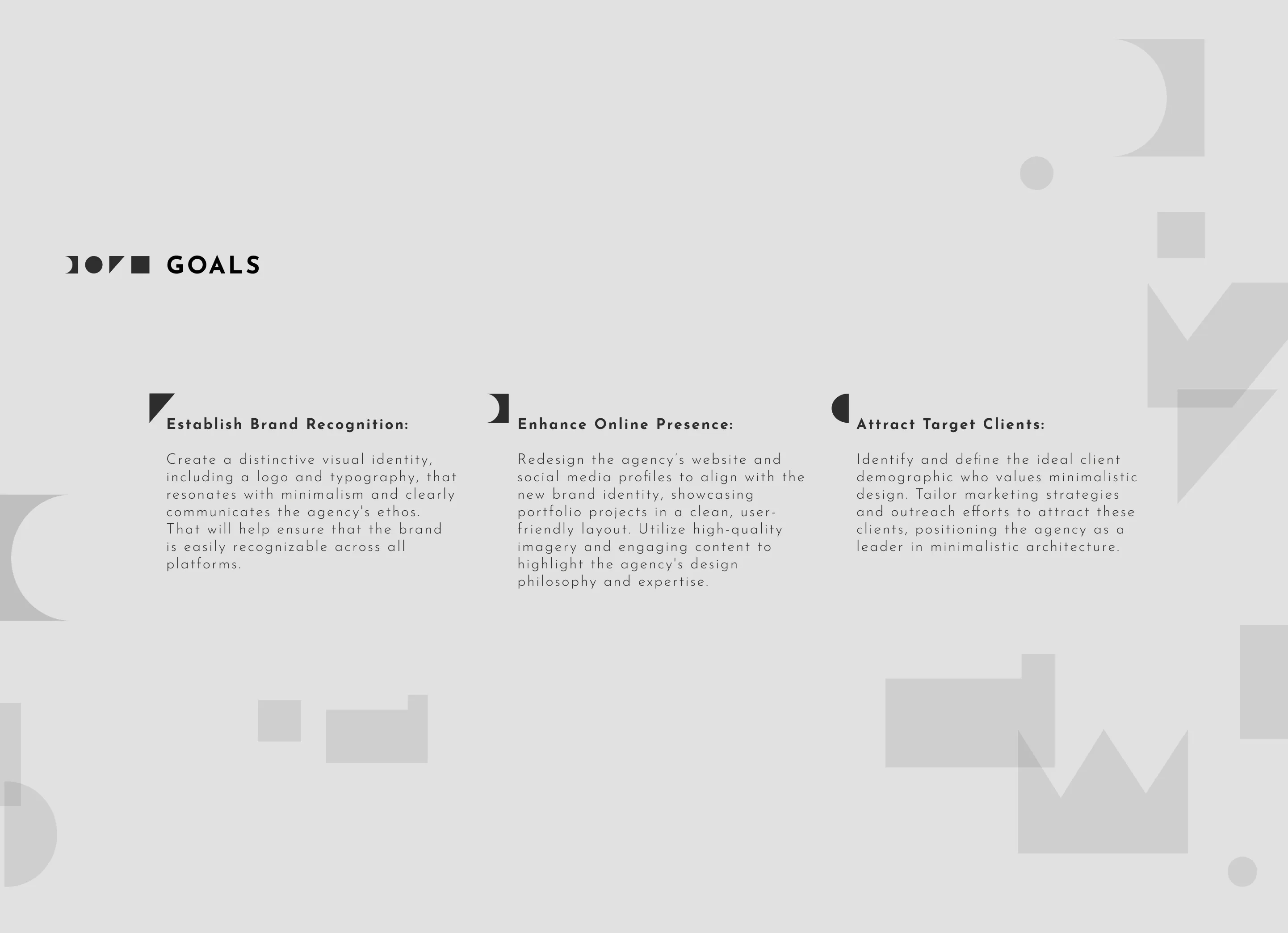 Minimalist design goals listing three objectives: establish brand recognition with a distinctive visual identity, enhance online presence by redesigning website and social media, and attract target clients valuing minimalistic design.