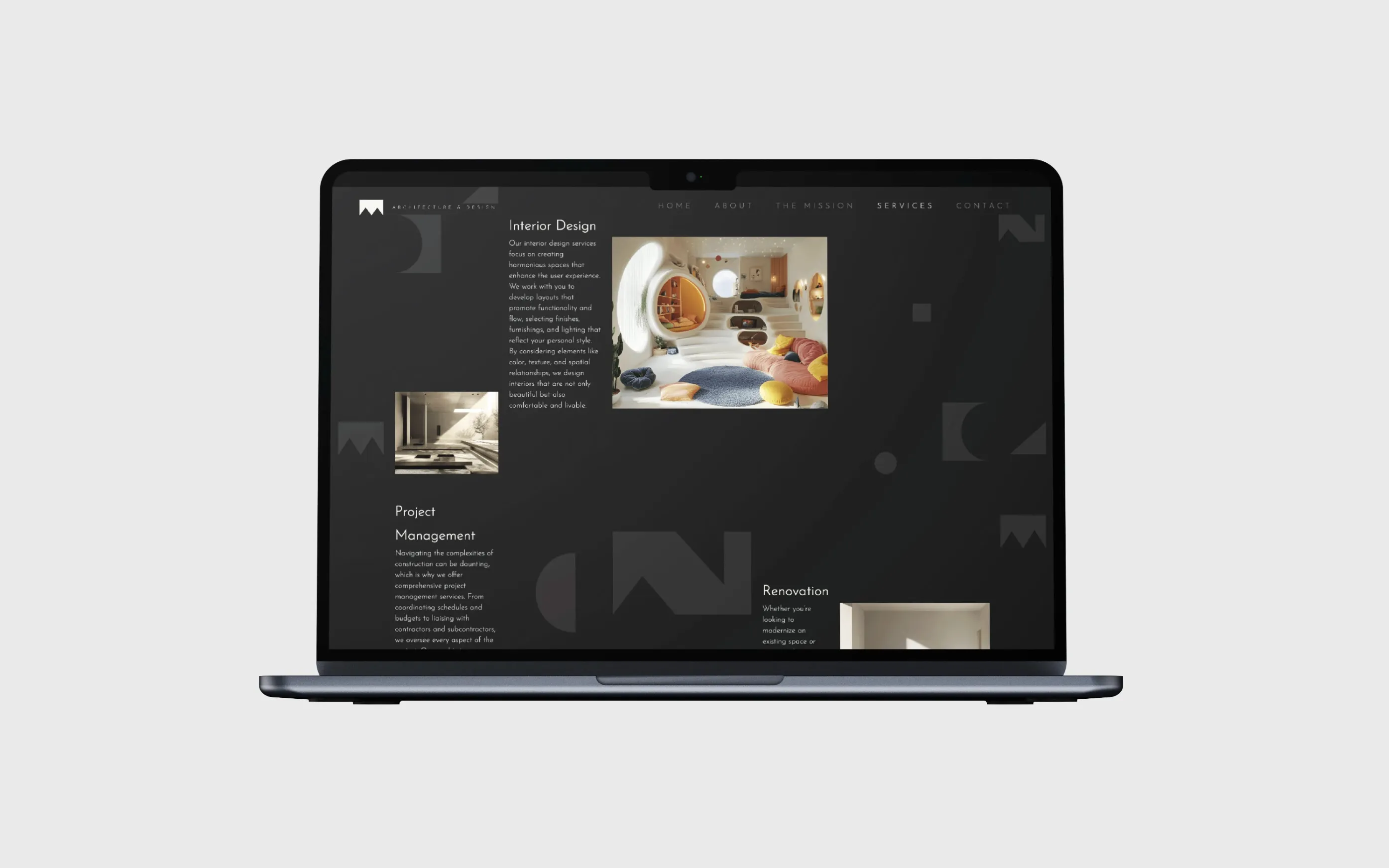 Laptop displaying a dark-themed website with sections on Interior Design, Project Management, and Renovation, including images of modern interiors.