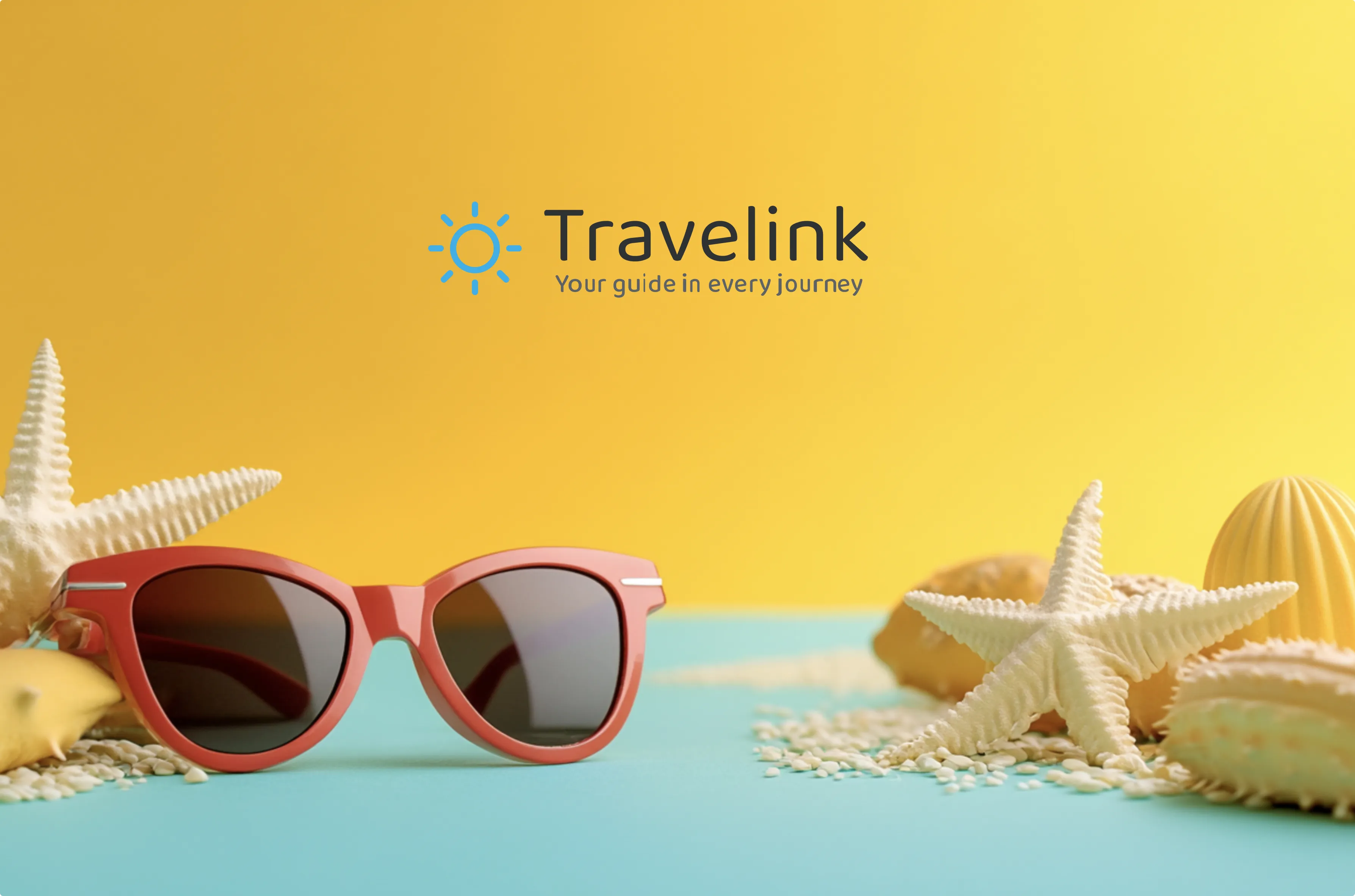 Red sunglasses placed on a blue surface with starfish and seashells against a yellow background, Travelink logo above.