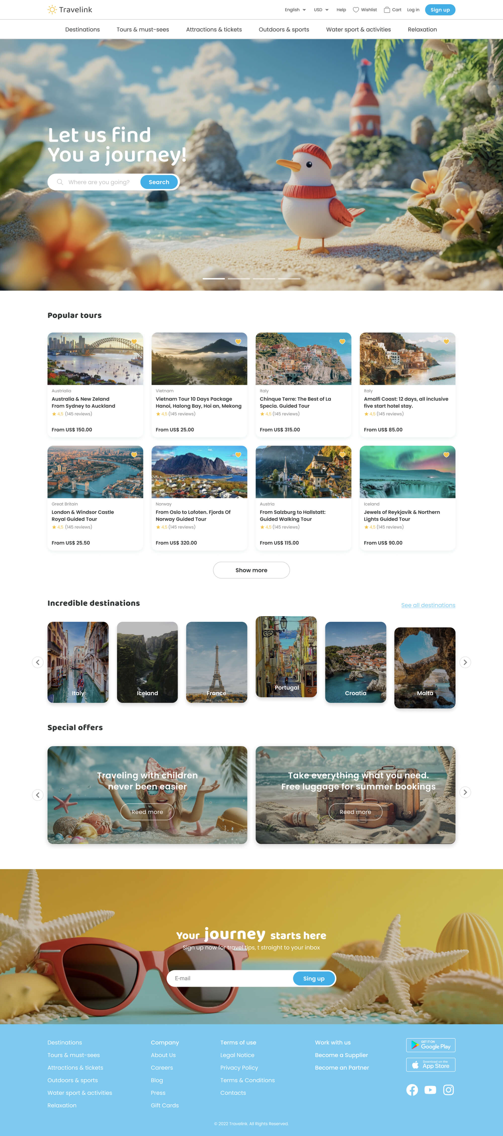 Travelink homepage featuring a beach scene with a bird figurine, search bar, popular tours, incredible destinations, special offers, and newsletter signup.