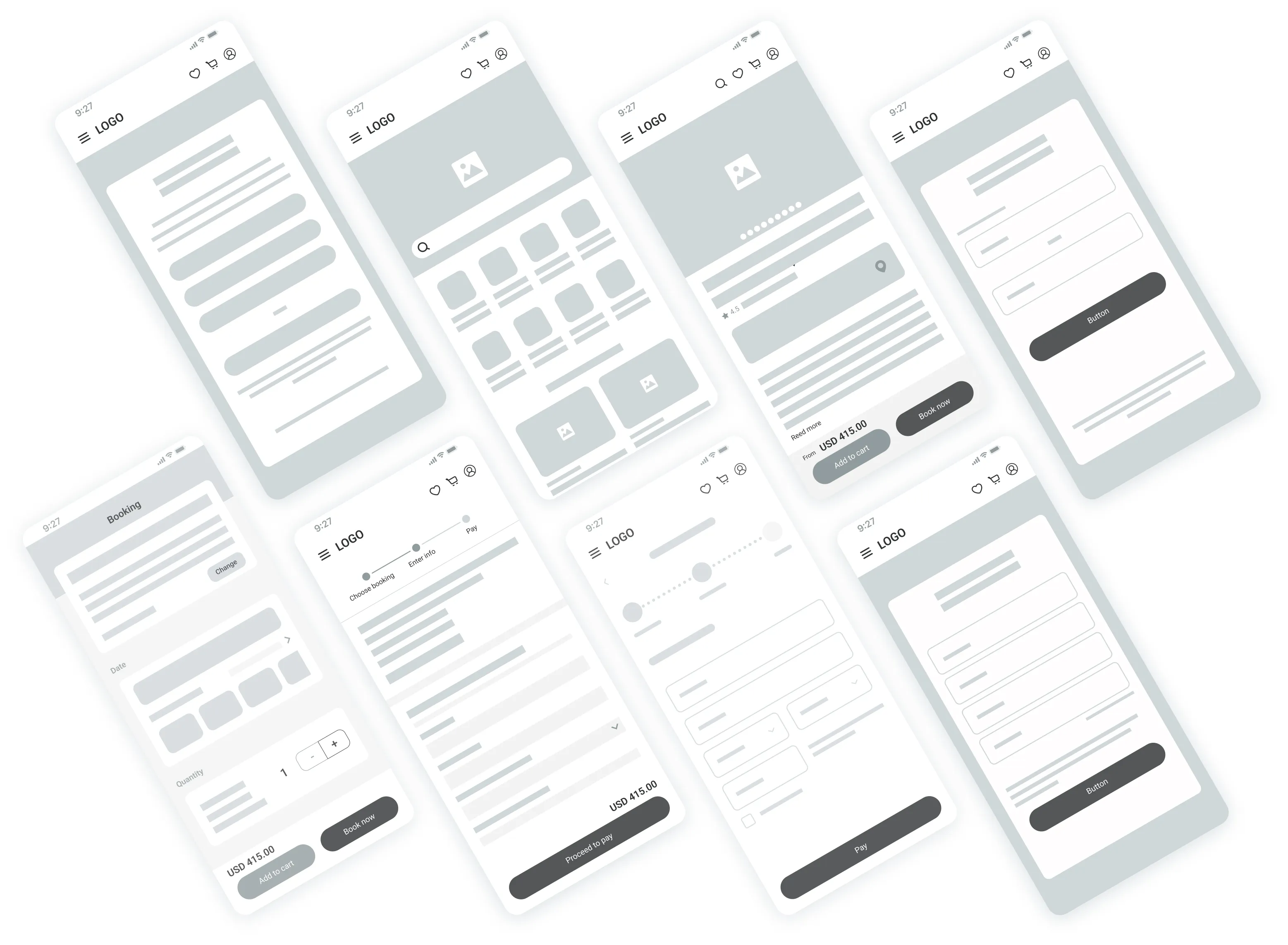 Eight mobile app wireframe screens showing booking process, product listings, forms, and payment steps in grayscale.