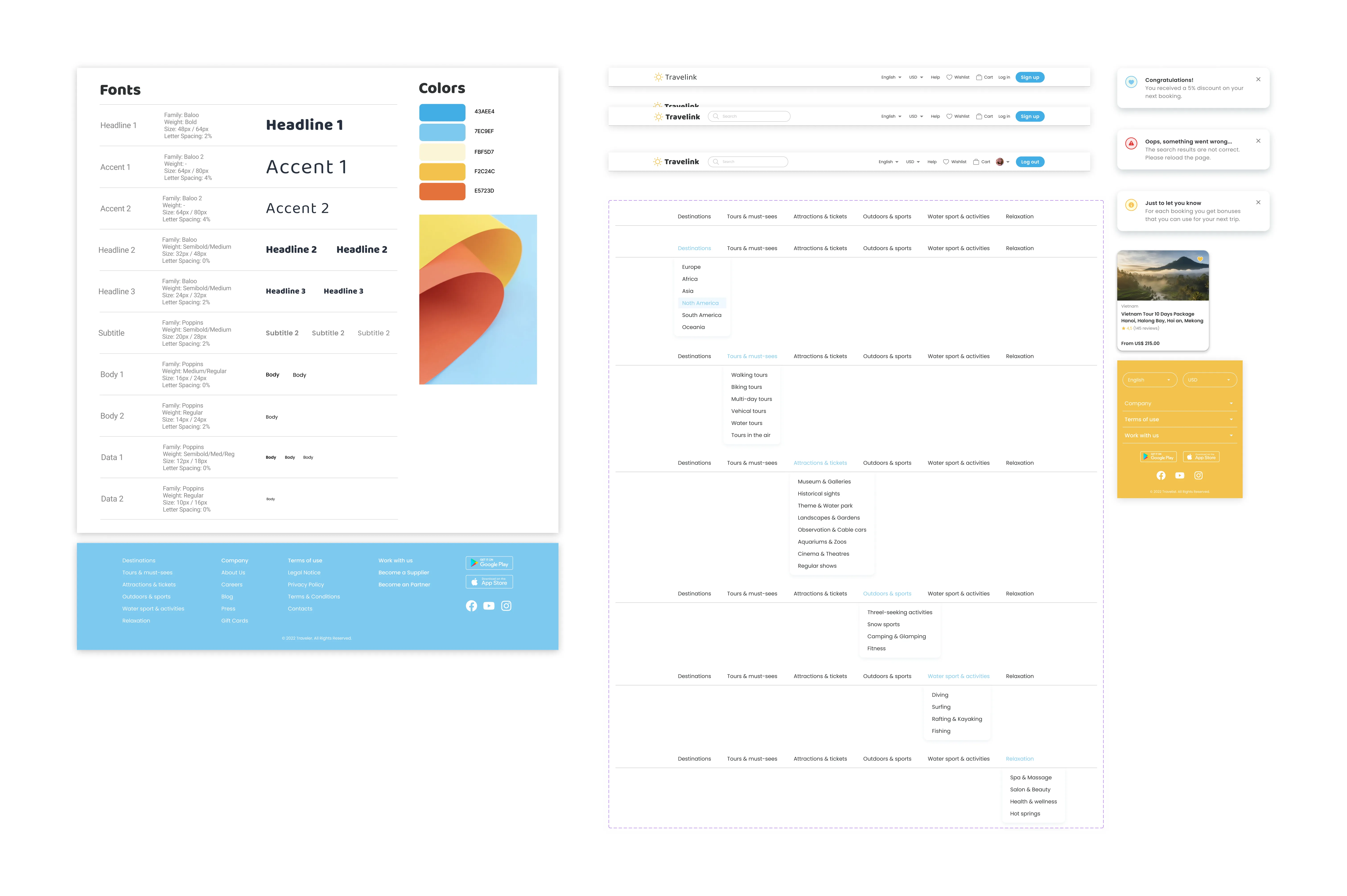 Design kit showing fonts, color palette, website header and navigation menu, notification messages, a travel package card, and footer with app download buttons and social media icons.