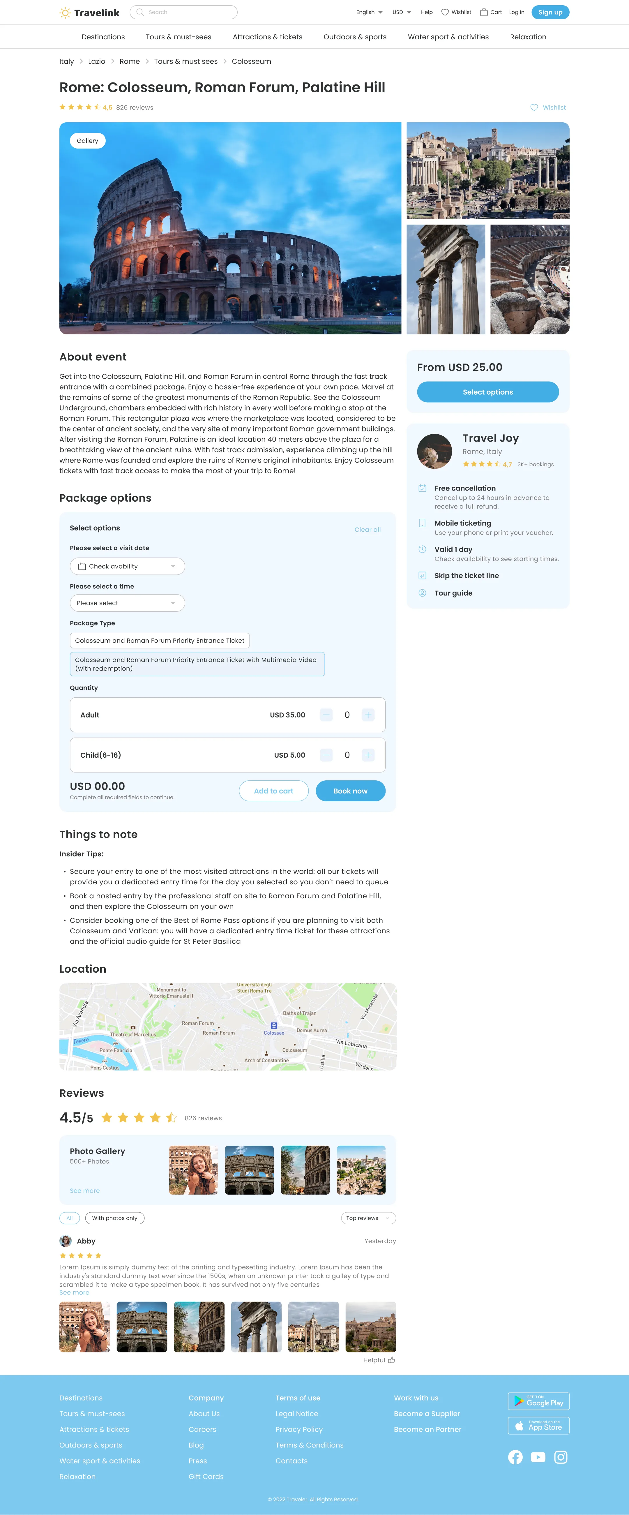 Travelink tour booking page for Rome's Colosseum, Roman Forum, and Palatine Hill featuring images of the Colosseum and Roman ruins, ticket options, event details, user reviews, and a map location.