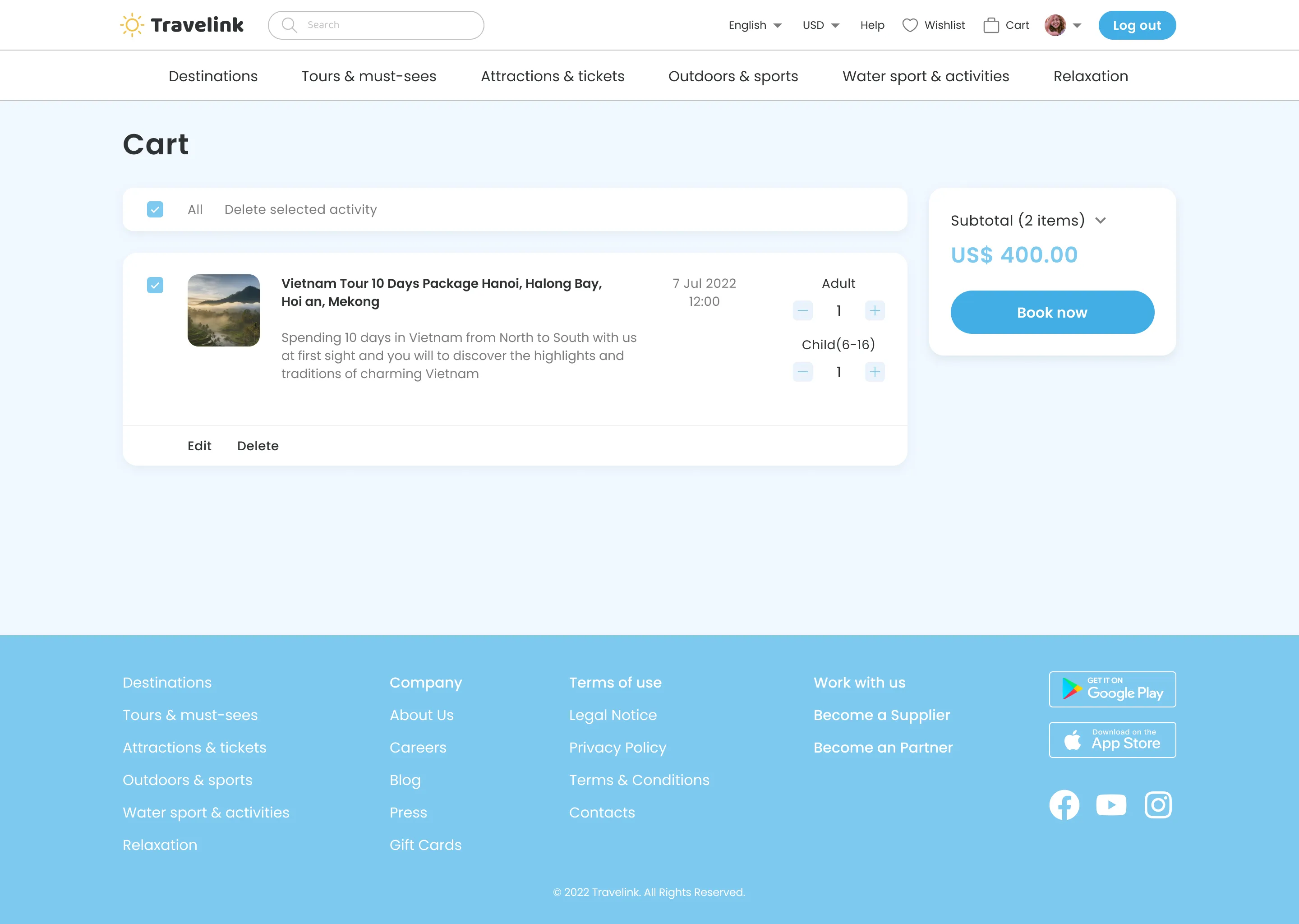 Travelink cart page showing Vietnam Tour 10 Days Package with options to adjust adult and child quantities, subtotal of US$ 400, and a Book now button.