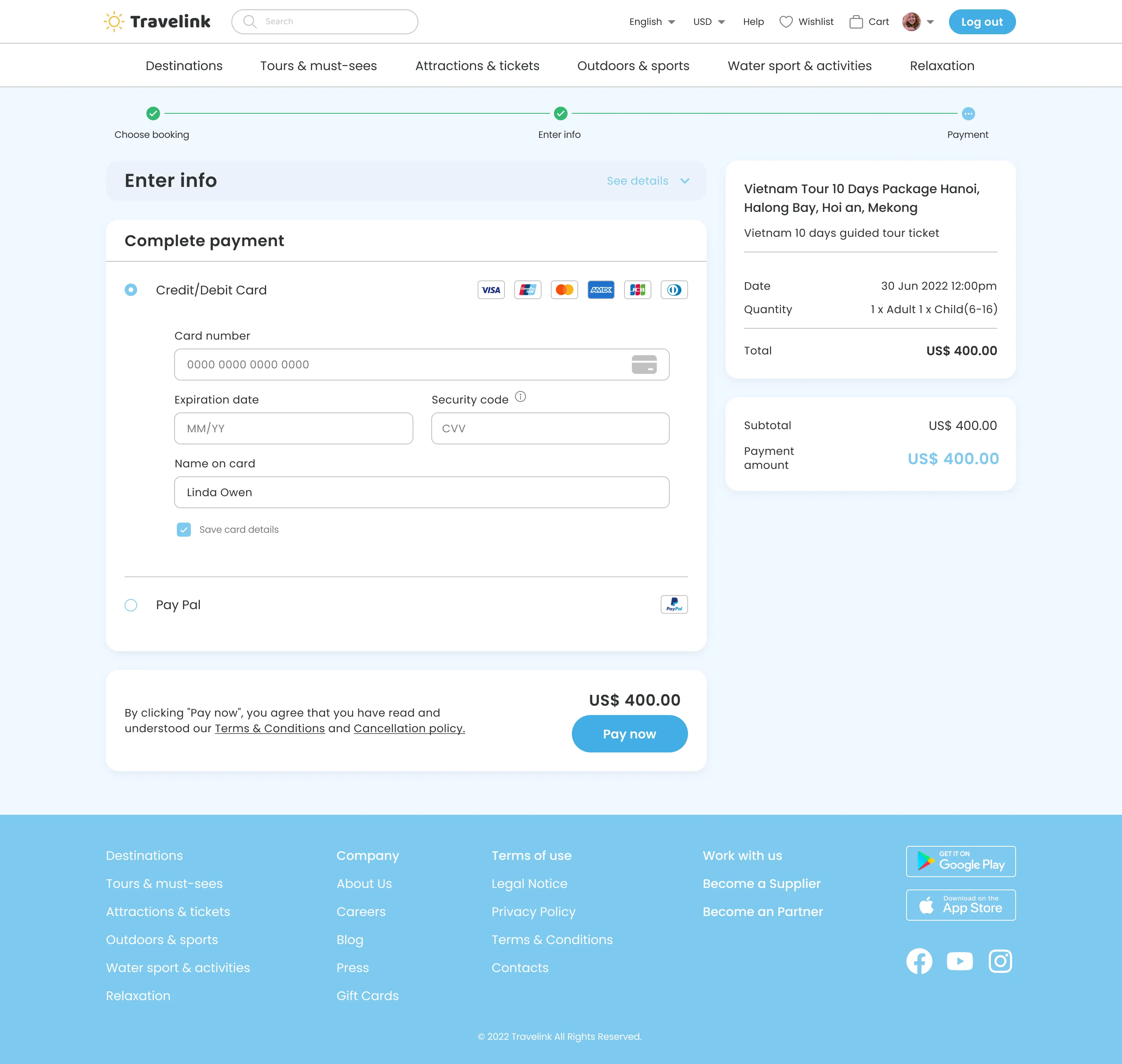 Travelink payment page showing credit/debit card input fields, PayPal option, booking summary for Vietnam Tour 10 Days Package, and a Pay Now button.