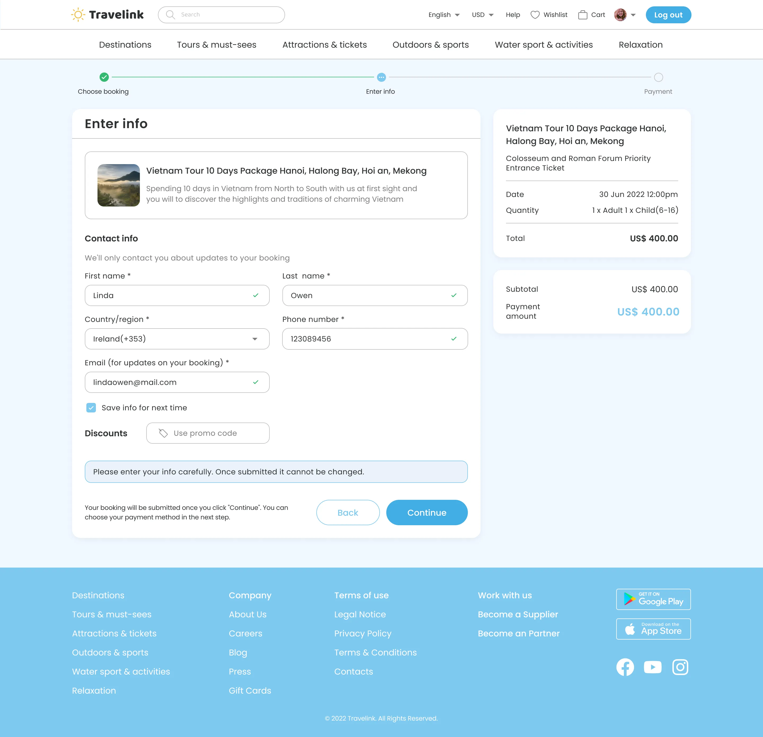 Travelink booking page showing Vietnam 10-day tour form with user details filled, pricing summary, and navigation steps.