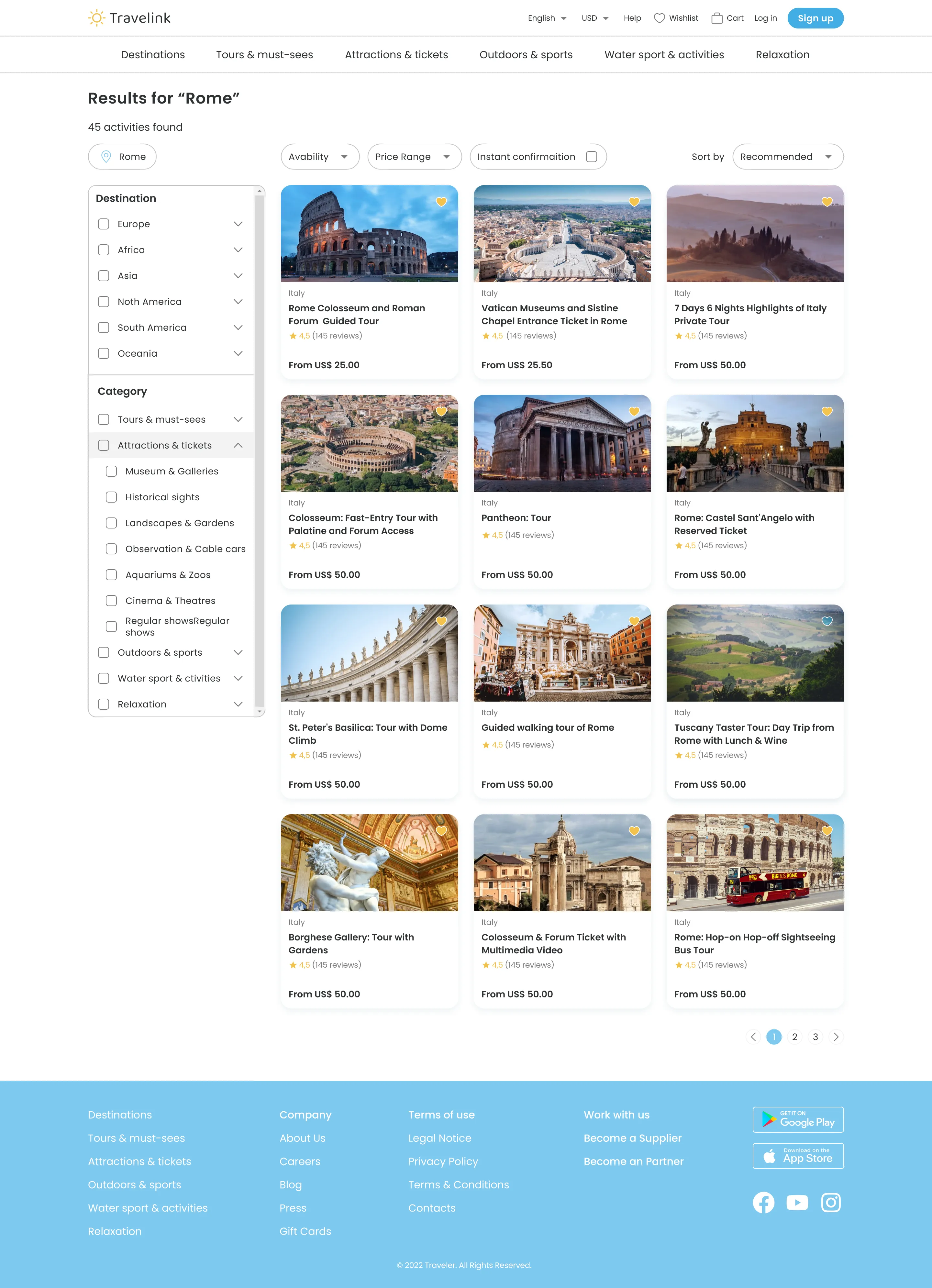 Travelink search results page showing 12 tour options for Rome with images, prices, and ratings.