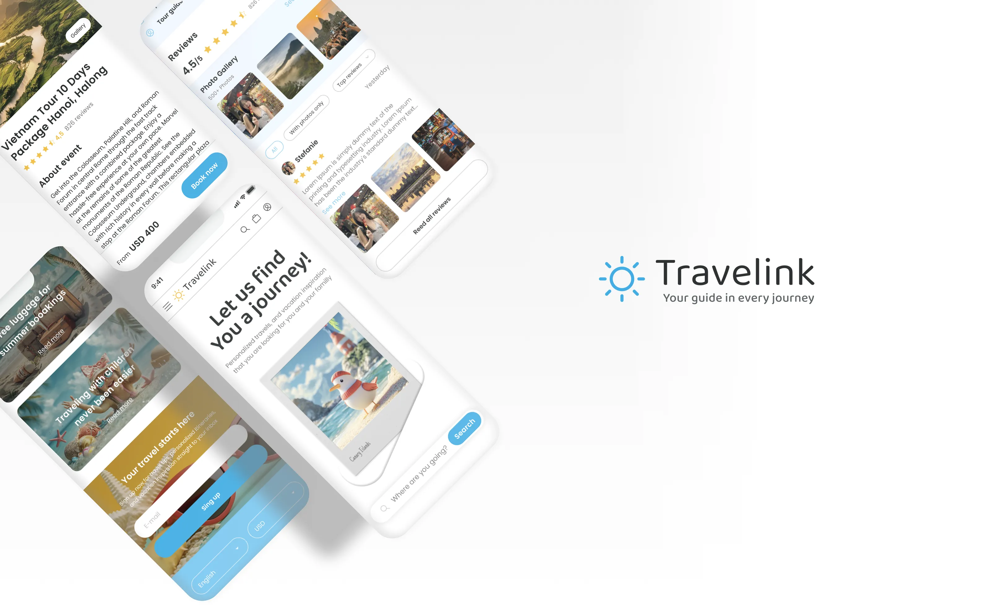 Travelink mobile app interface showing a travel search page, tour reviews, and travel offers alongside the Travelink logo and slogan.