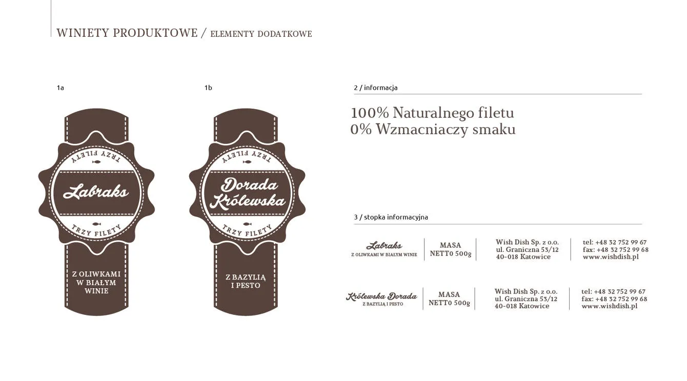 Product labels for 'Labraks' with white wine olives and 'Dorada Królewska' with basil and pesto, with information on natural fillet and contact details for Wish Dish Sp. z o.o. in Katowice.