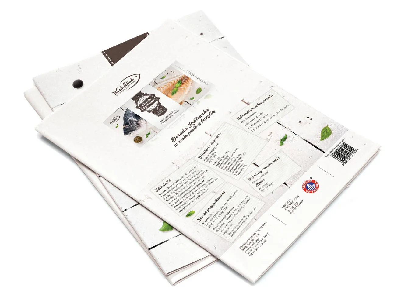 Two white folded packaging bags with printed text and images of fish on a white wooden background.