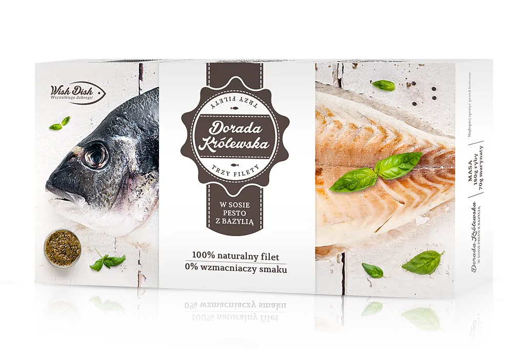 Packaging design for 'Dorada Królewska' fish fillets in basil pesto sauce, featuring a whole fish head on the left and a cooked fish fillet with basil leaves on the right.