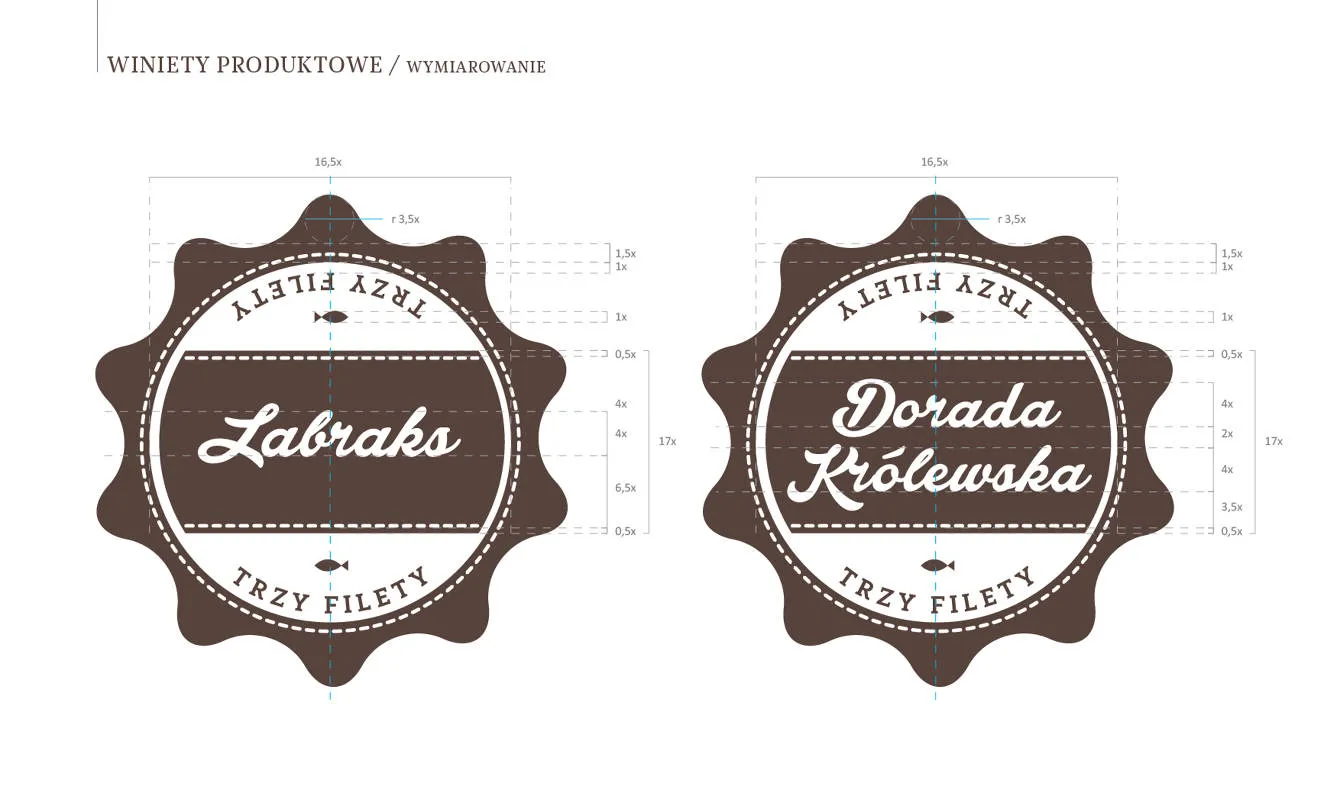 Two brown circular logos with scalloped edges labeled 'Labraks' and 'Dorada Królewska' featuring fish icons and measurement lines around the designs.