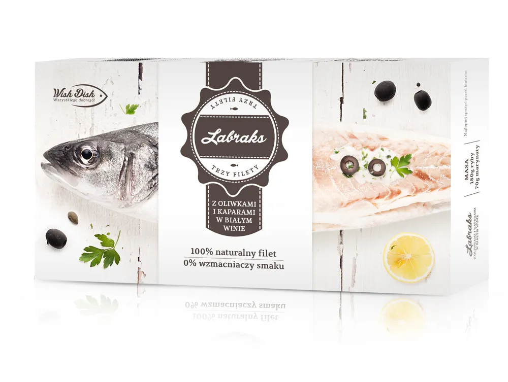 Package of 100% natural sea bass fillets with olives, capers, and white wine, showing fish head and fillet with lemon and black olives on white wooden background.