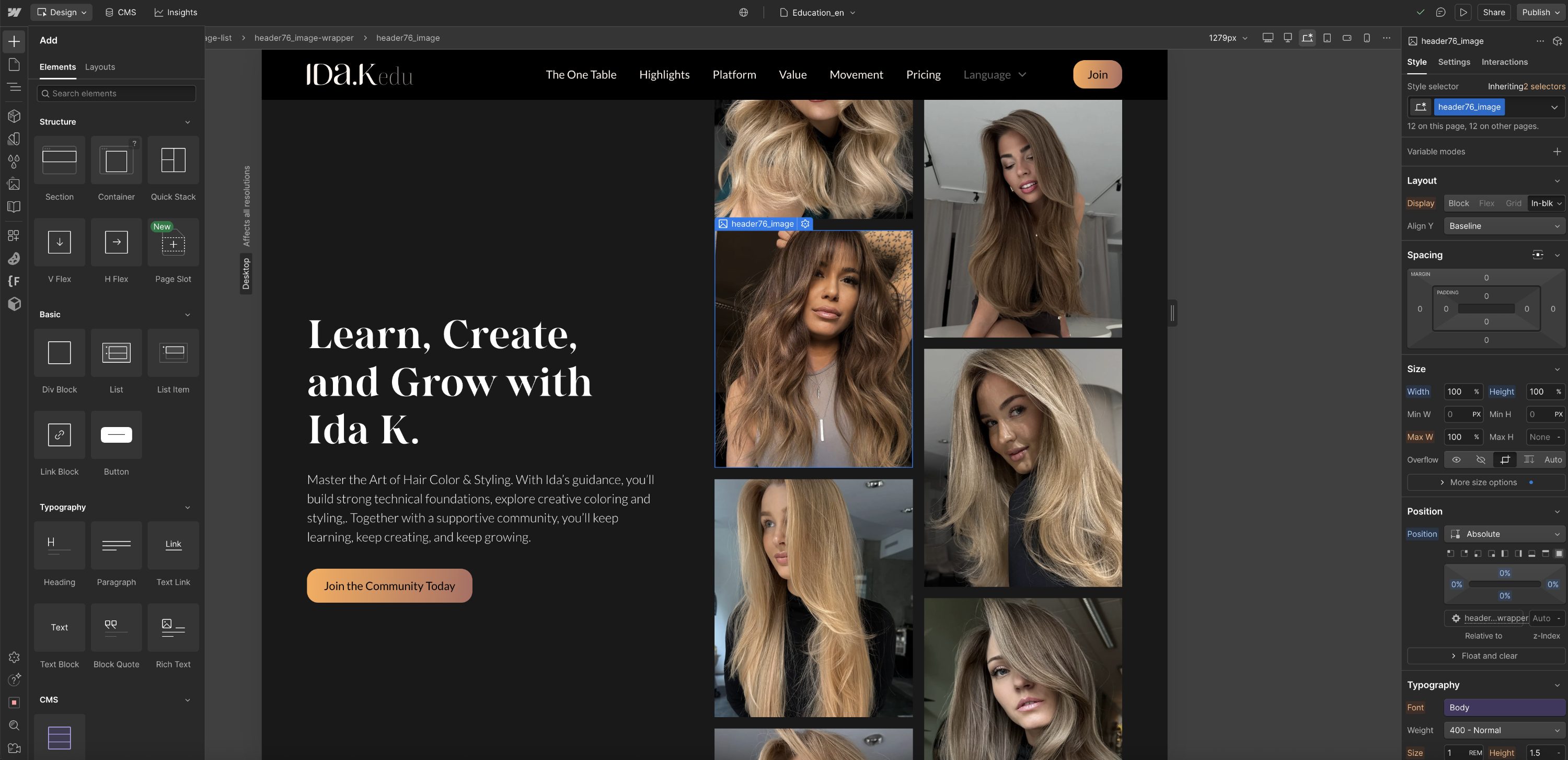 Web design interface showing a dark-themed webpage layout with hair styling portraits on the right and the text 'Learn, Create, and Grow with Ida K.' on the left.