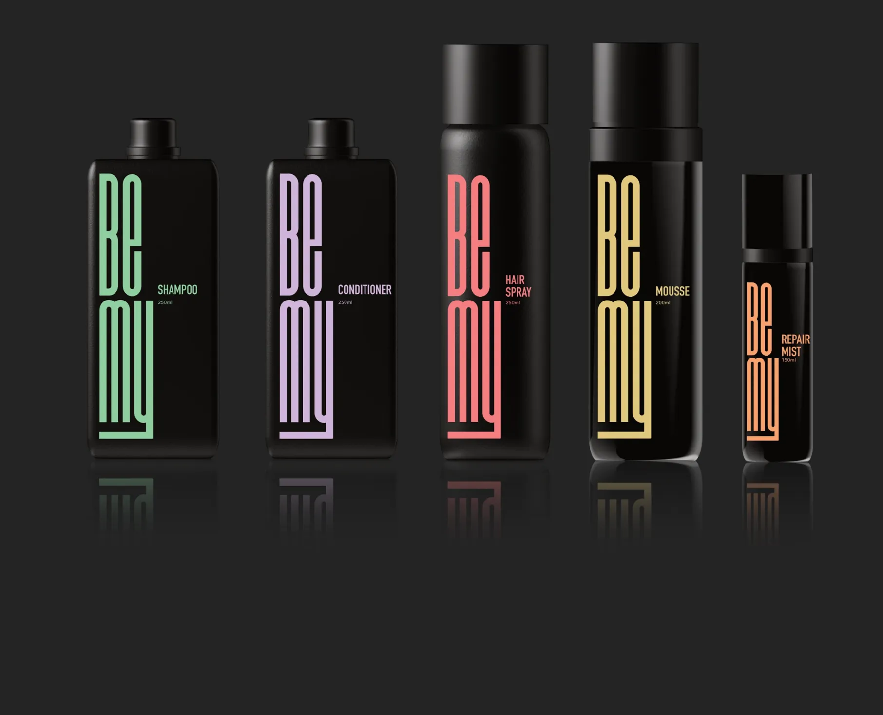 Five black Be My hair product bottles including shampoo, conditioner, hair spray, mousse, and repair mist with colorful vertical branding on a dark background.