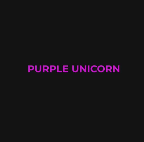 Text reading 'PURPLE UNICORN' in bold purple letters on a black background.