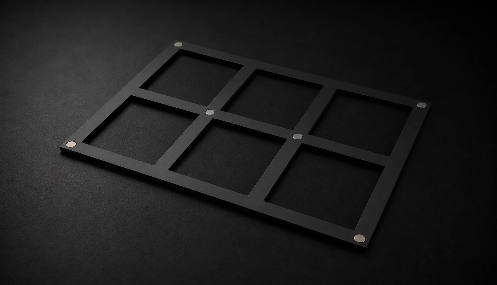 Black six-section rectangular grid frame with metal corner and center rivets on black surface.