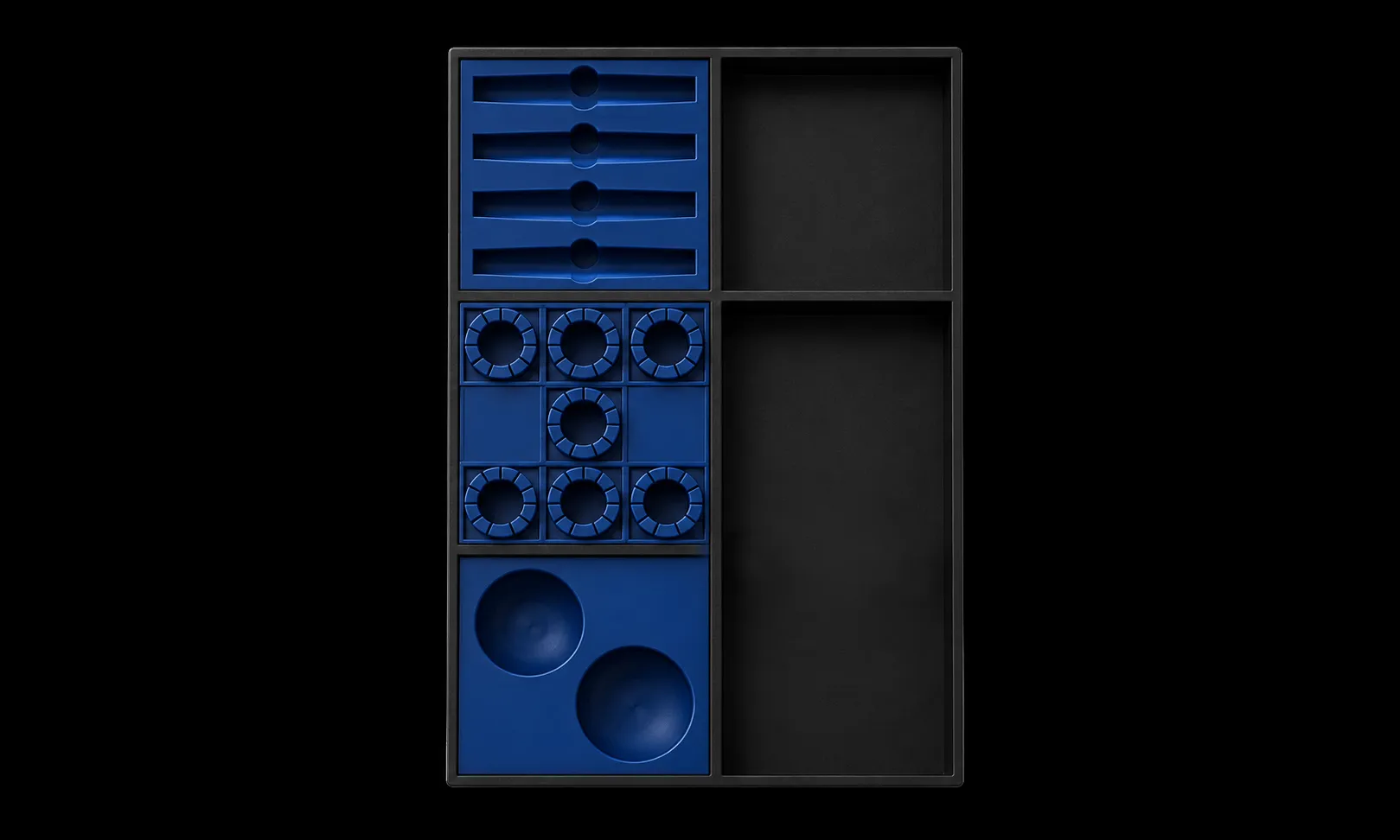 Black tray organizer with blue compartments of various shapes and sizes on a black background.