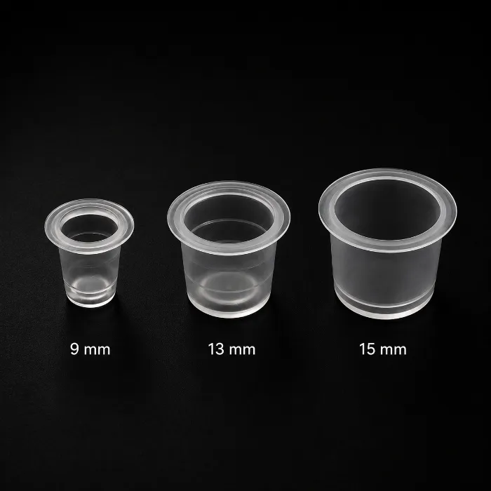 Three clear plastic ink cups in sizes 9 mm, 13 mm, and 15 mm on black background.