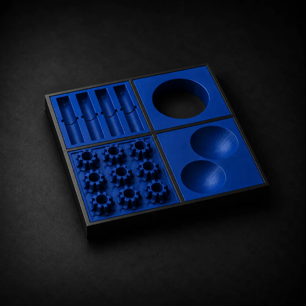 Black tray with four sections holding blue compartments with various geometric shapes and holes.