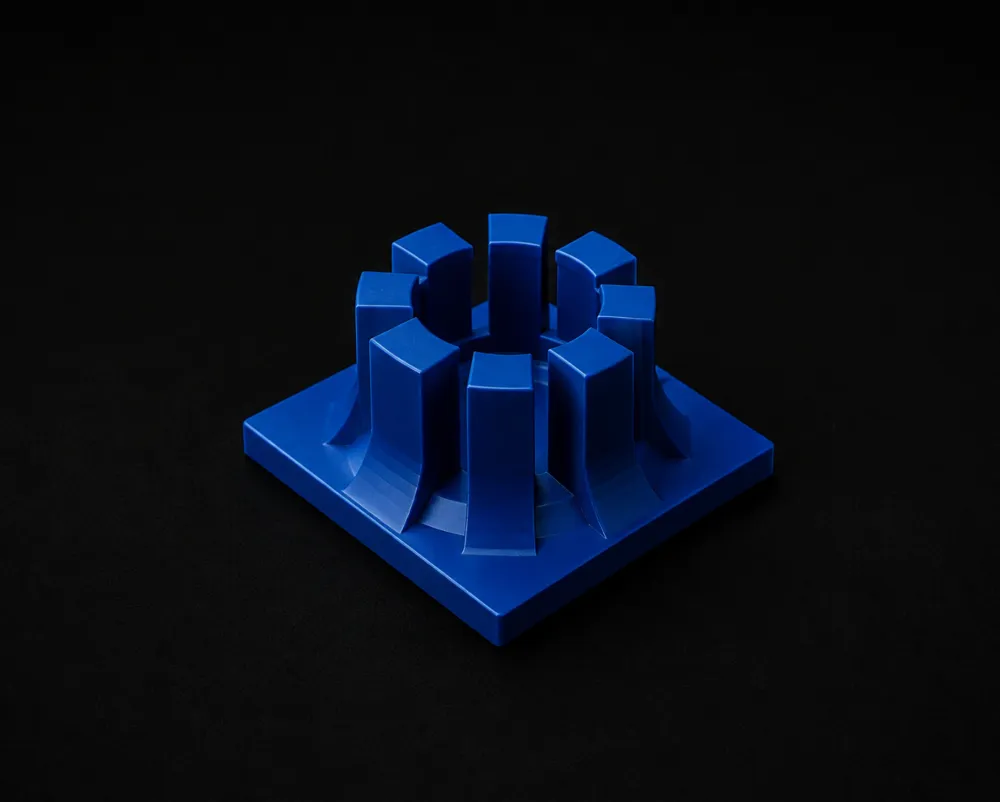 Blue geometric object with vertical rectangular blocks arranged in a circle on a square base.