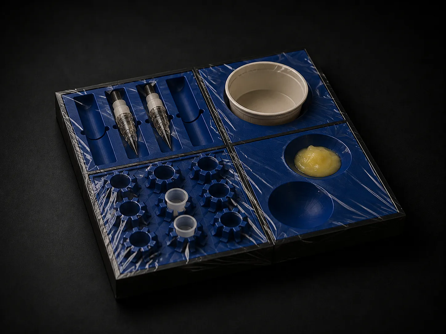 Blue tool organizer tray with metal tips, small containers, and yellow grease in one compartment.