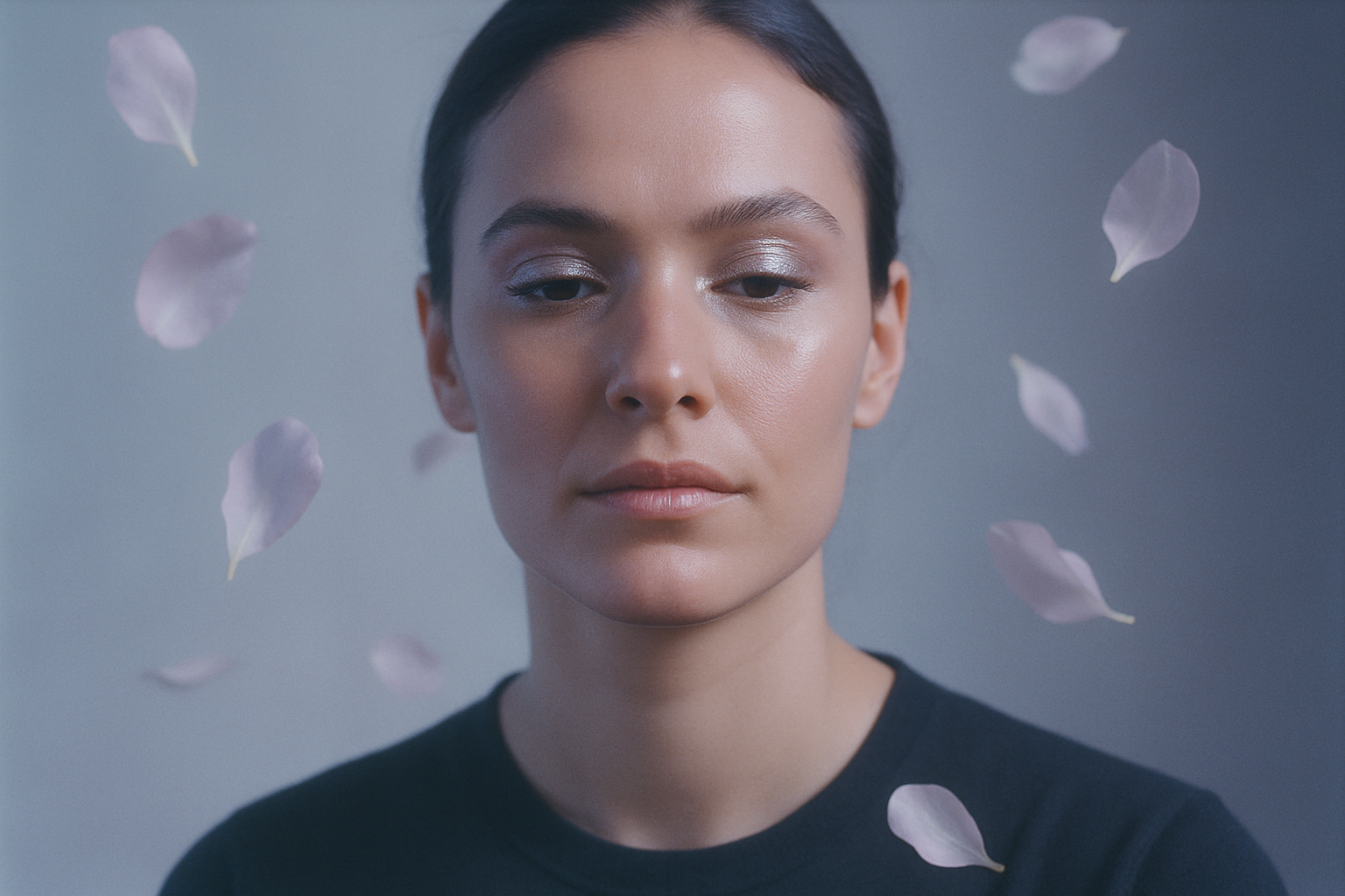 Close-up of a serene woman with dark hair and subtle makeup surrounded by floating pale pink flower petals.