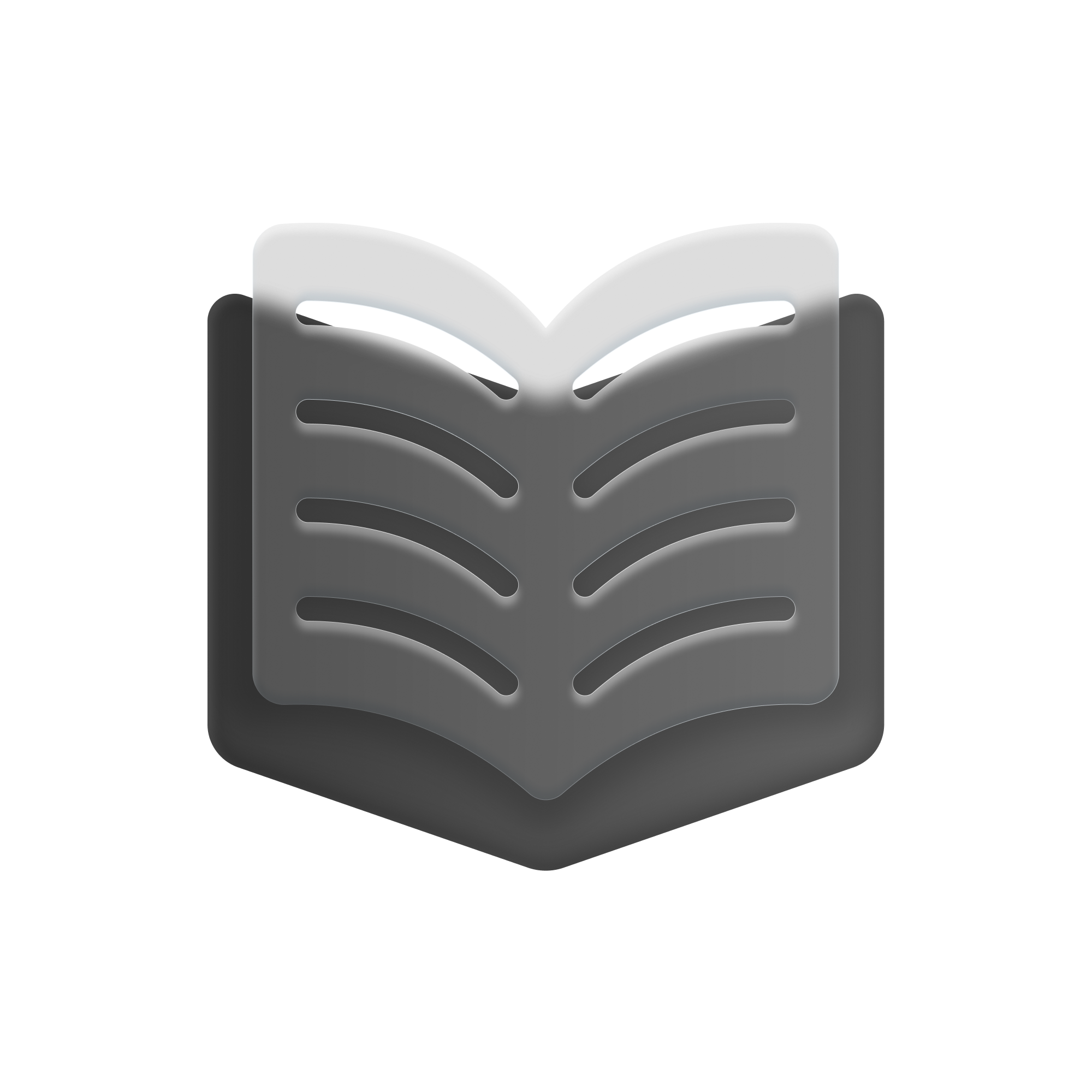 Gray icon of an open book with curved lines representing text on a black background.