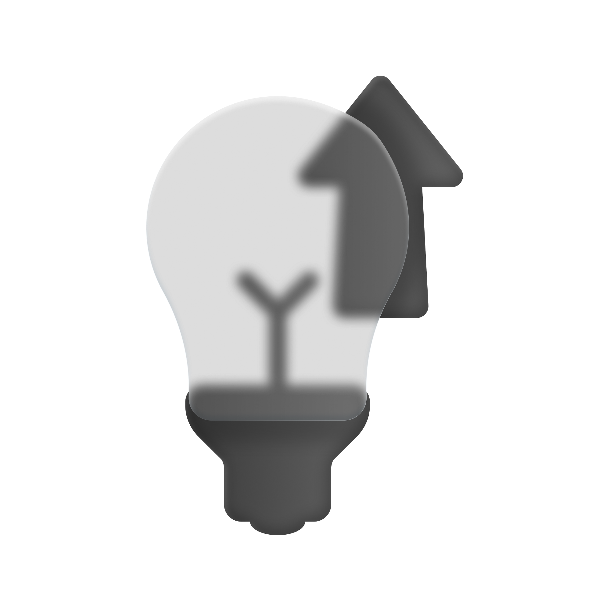 Gray light bulb icon with an upward arrow behind it on a black background.