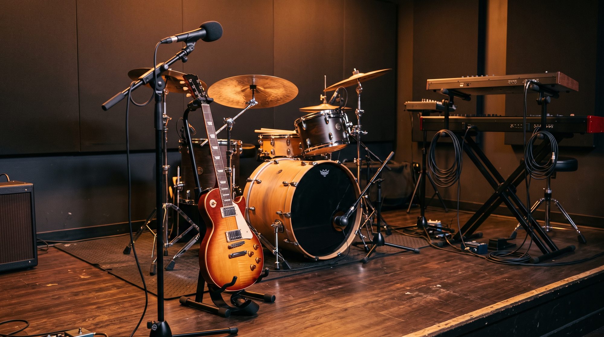 Professionelles Band-Setup auf der Bühne mit Gitarre, Schlagzeug und Keyboard für die Geburtstagsfeier