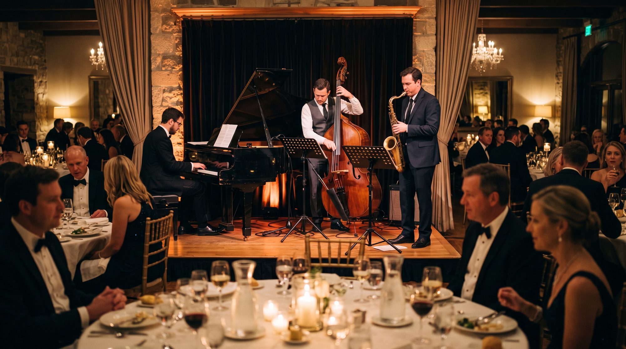 Jazz-Trio spielt beim eleganten Dinner-Empfang, Jazzband Düsseldorf für Hochzeit und Firmenevent