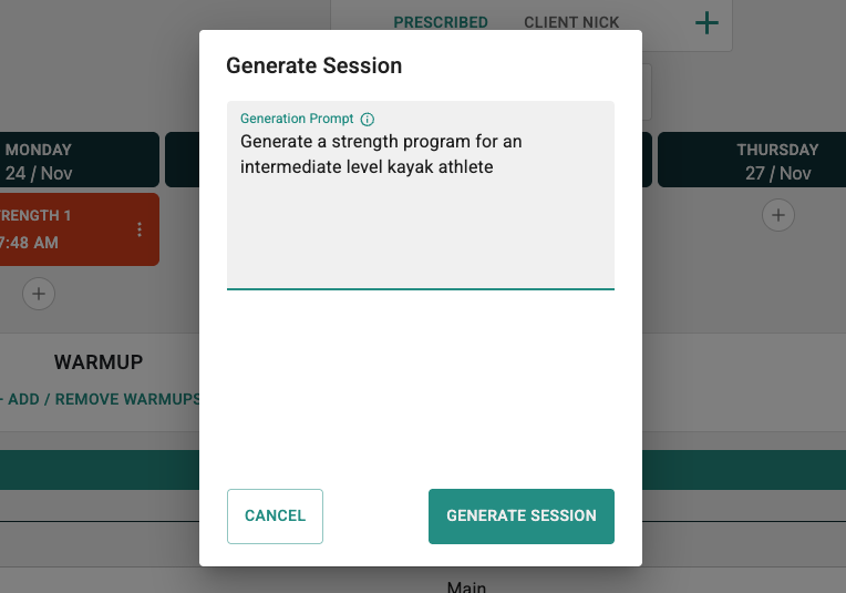 Dialog box titled 'Generate Session' with a prompt to generate a strength program for an intermediate level kayak athlete, and buttons for Cancel and Generate Session.