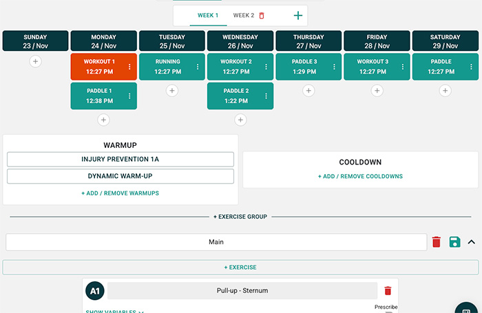 Weekly workout schedule showing sessions from Sunday 23 Nov to Saturday 29 Nov, including workouts, running, and paddle activities with scheduled times and options to add warmups, cooldowns, and exercises.