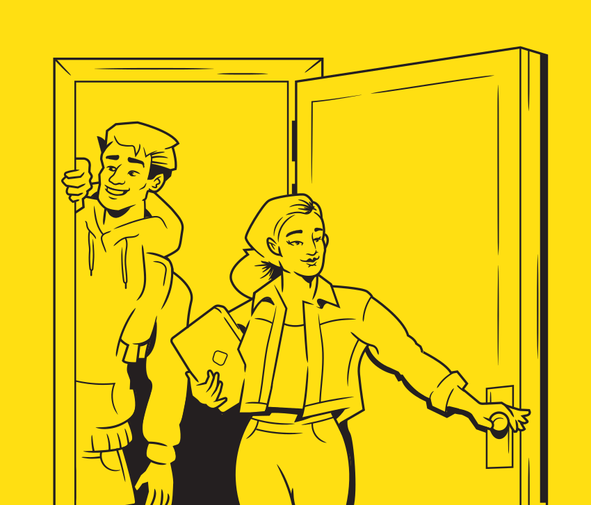 Banner image of a man and woman  opening a door to their new career after getting job-ready with SkillsForWork! SkillsForWork offer industry-recognised courses in Construction, Traffic Control, Aged Care & more. Flexible learning backed by MEGT.
