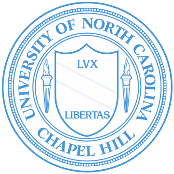 Seal of the University of North Carolina at Chapel Hill featuring a shield with 'LVX' and 'Libertas' flanked by two torches.