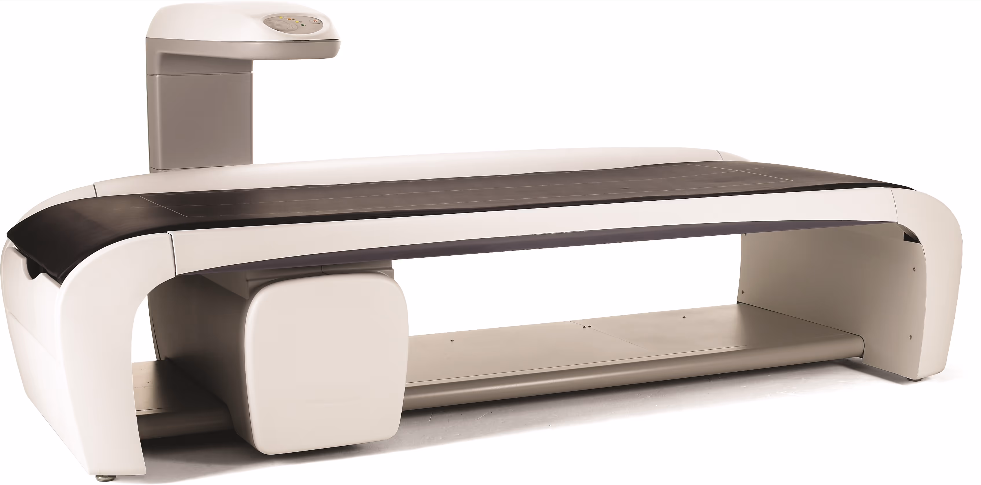 Medical DEXA scanner with flat bed and overhead arm for body composition analysis.