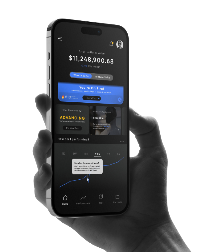 Hand holding a phone showing the ASTN homepage, a private platform for wealth and ownership.