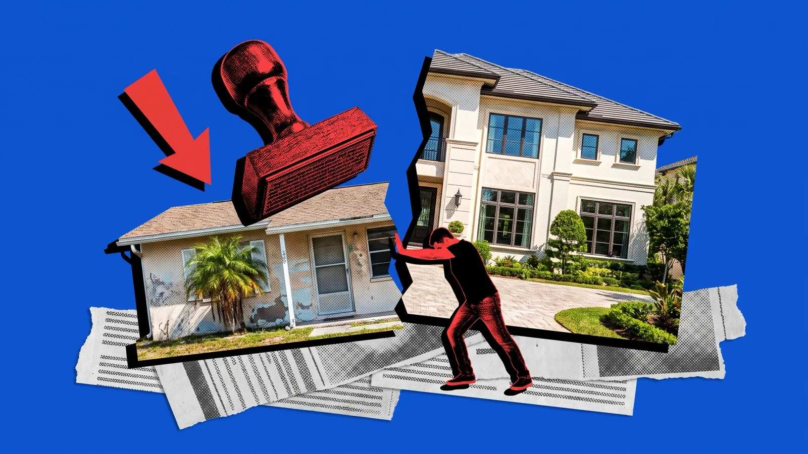 A modest Florida house stamped down next to a large luxury home, illustrating just value versus capped assessed value