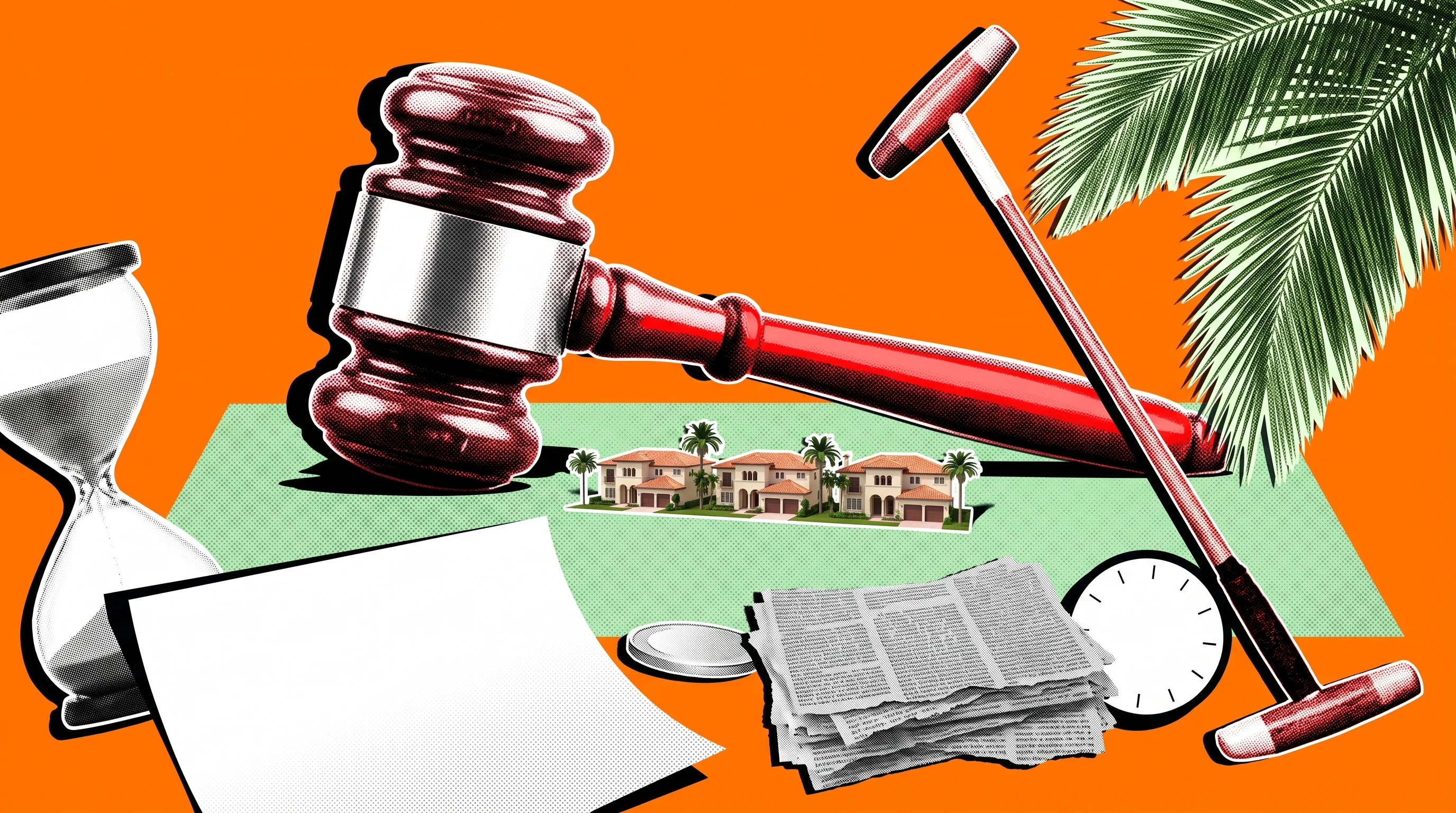 Editorial collage of an oversized unused gavel on a Palm Beach lawn in front of a tiny row of houses, illustrating a huge tax base that barely appeals