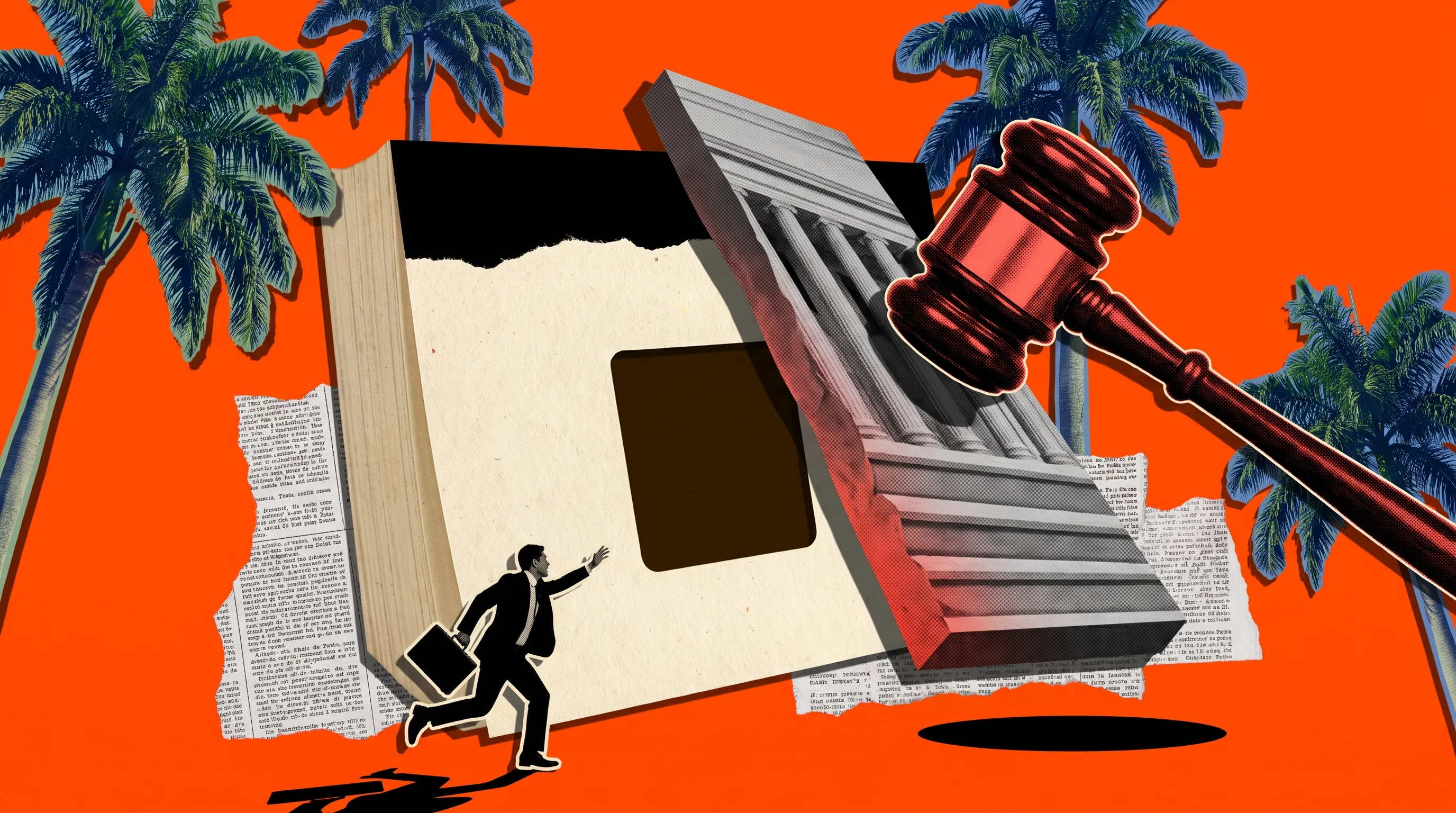 Editorial collage of a blank calendar being slammed shut as a tiny figure sprints toward the gap, illustrating Palm Beach County's September 14 VAB deadline