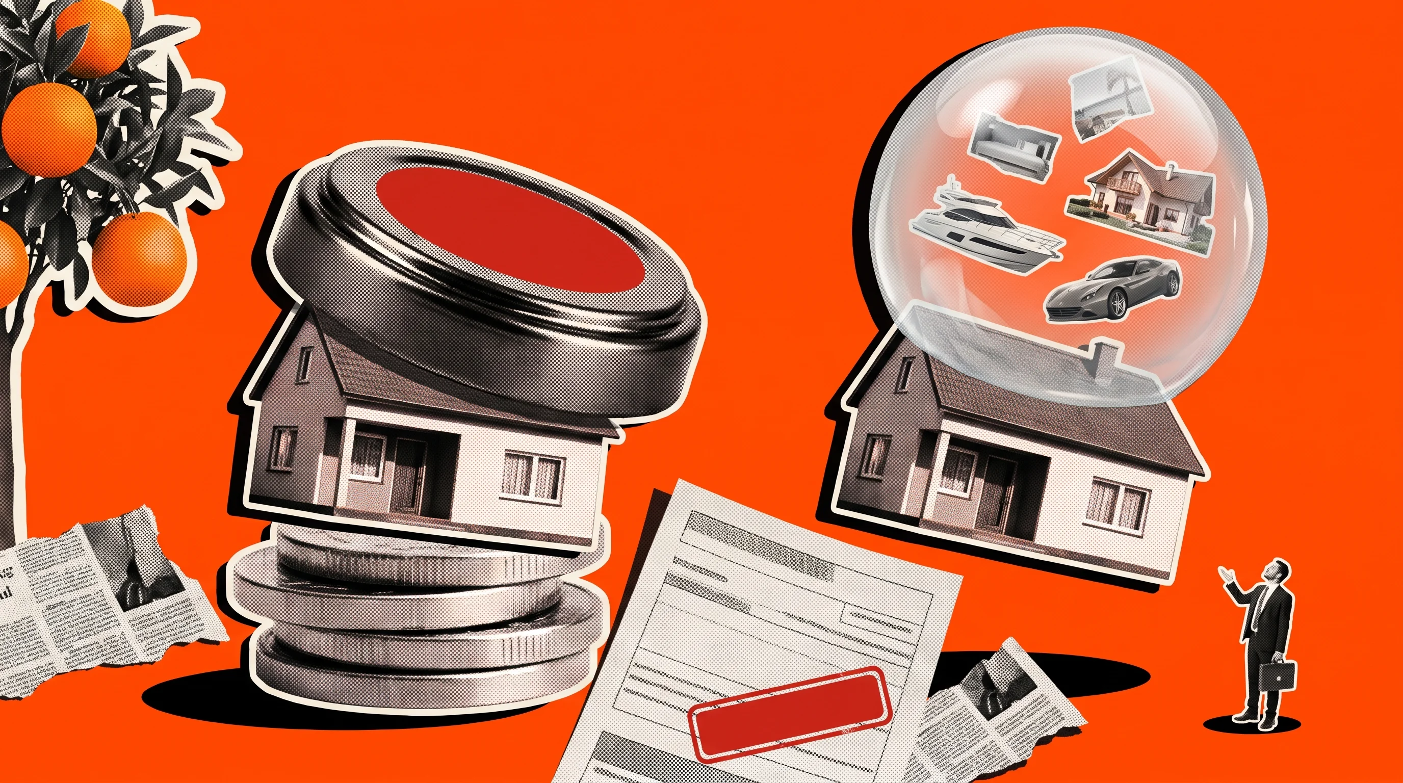 Editorial collage of two identical houses, one capped under a lid and one ballooning uncapped, illustrating Orange County's non-homestead property tax cases